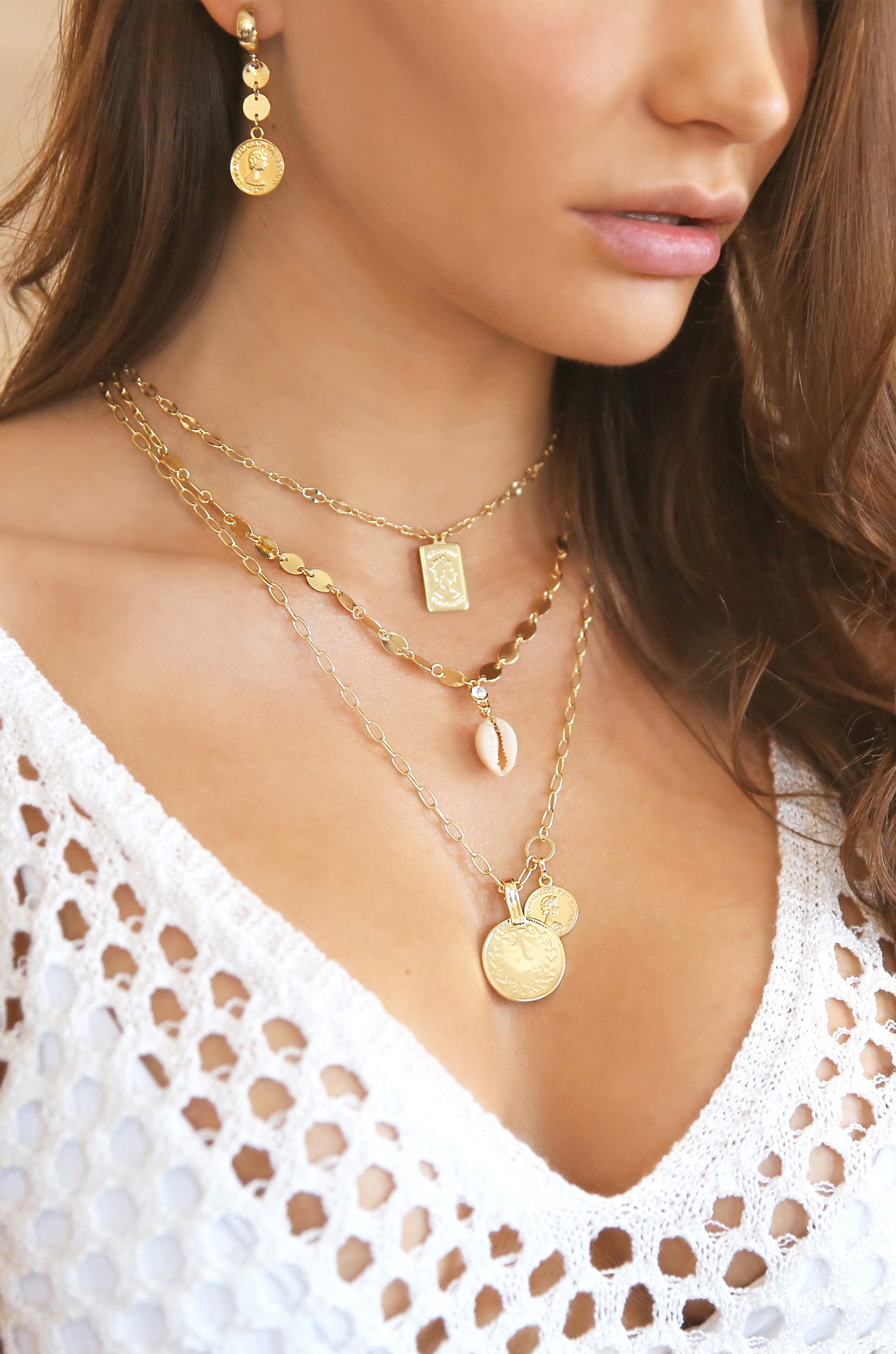 Simplicity Coin & Chain Necklace shown on a model  