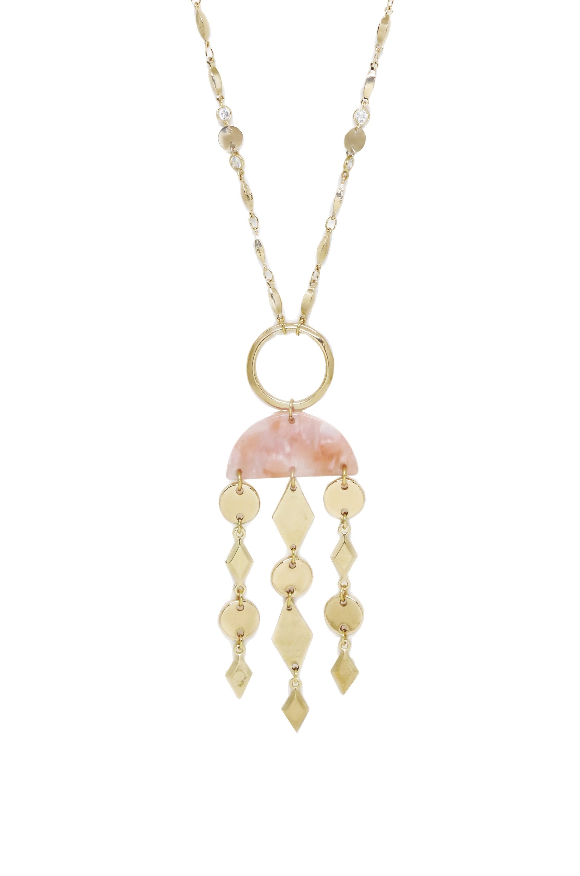 Mixed Geo Resin and 18k Gold Plated Necklace in Pink on white background  