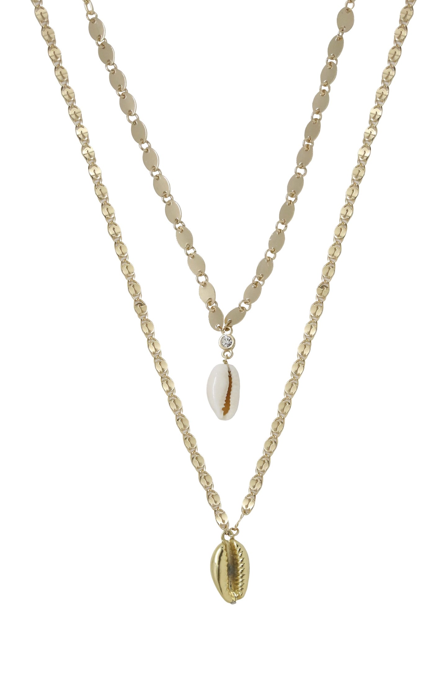 Double Cowrie Shell Layered 18k Gold Plated Necklace Set on white background  