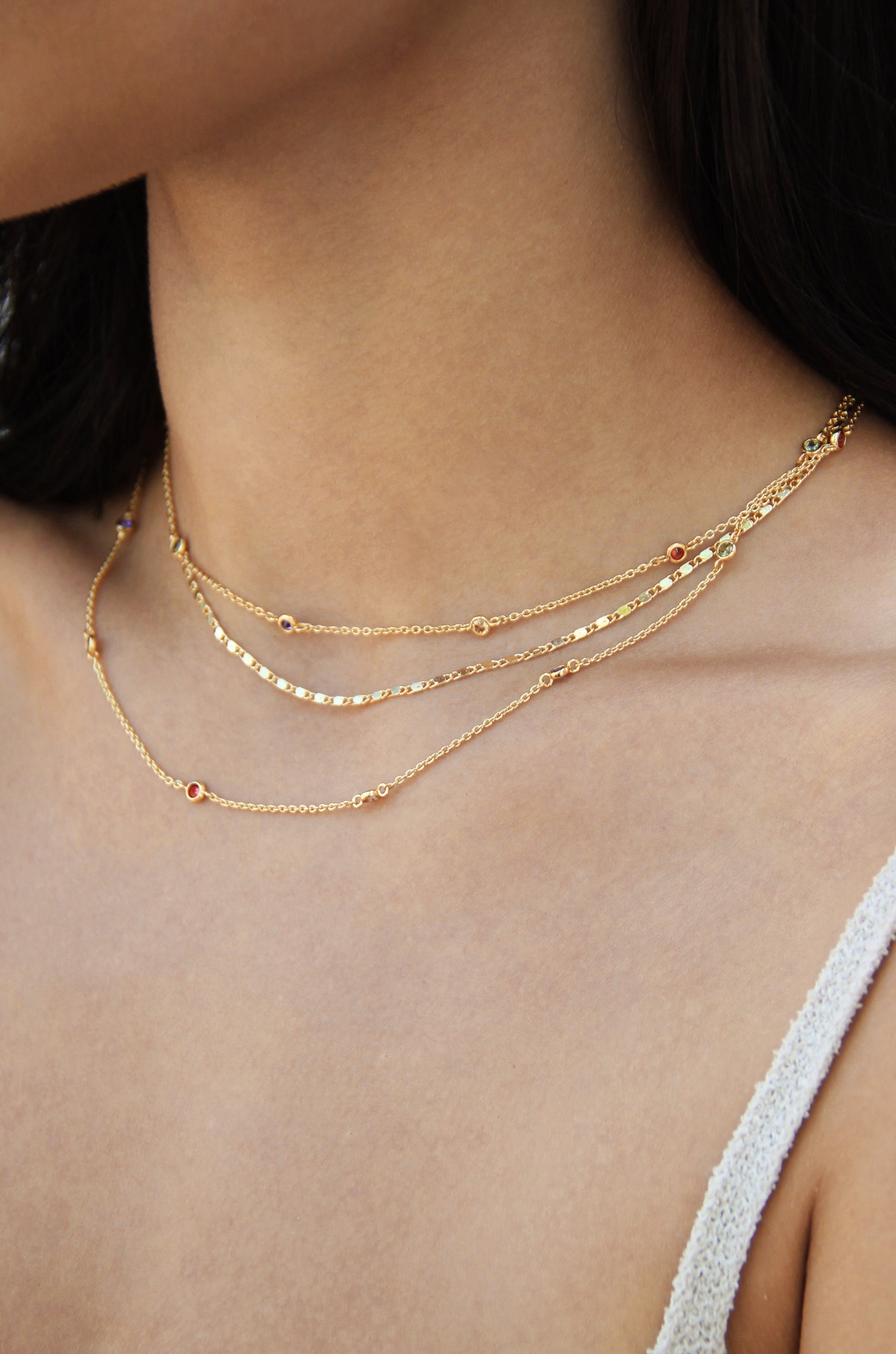 Over the Rainbow Layered Necklace shown on a model  
