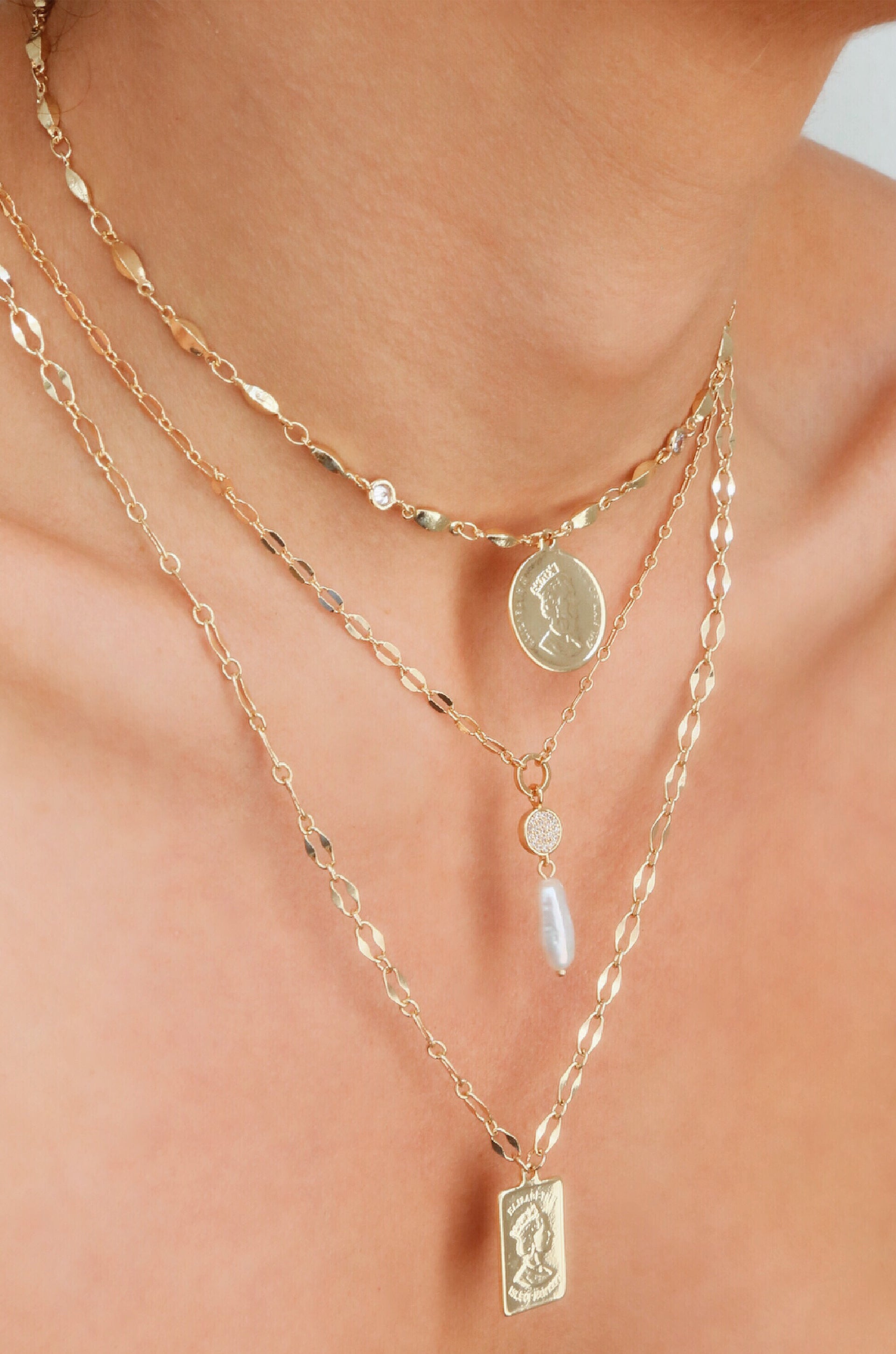 Dainty Vibes Freshwater Pearl 18k Gold Plated Necklace shown on a model  