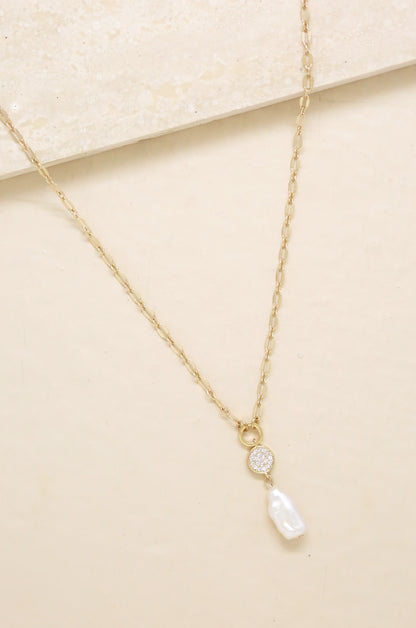 Dainty Vibes Freshwater Pearl 18k Gold Plated Necklace on slate background  
