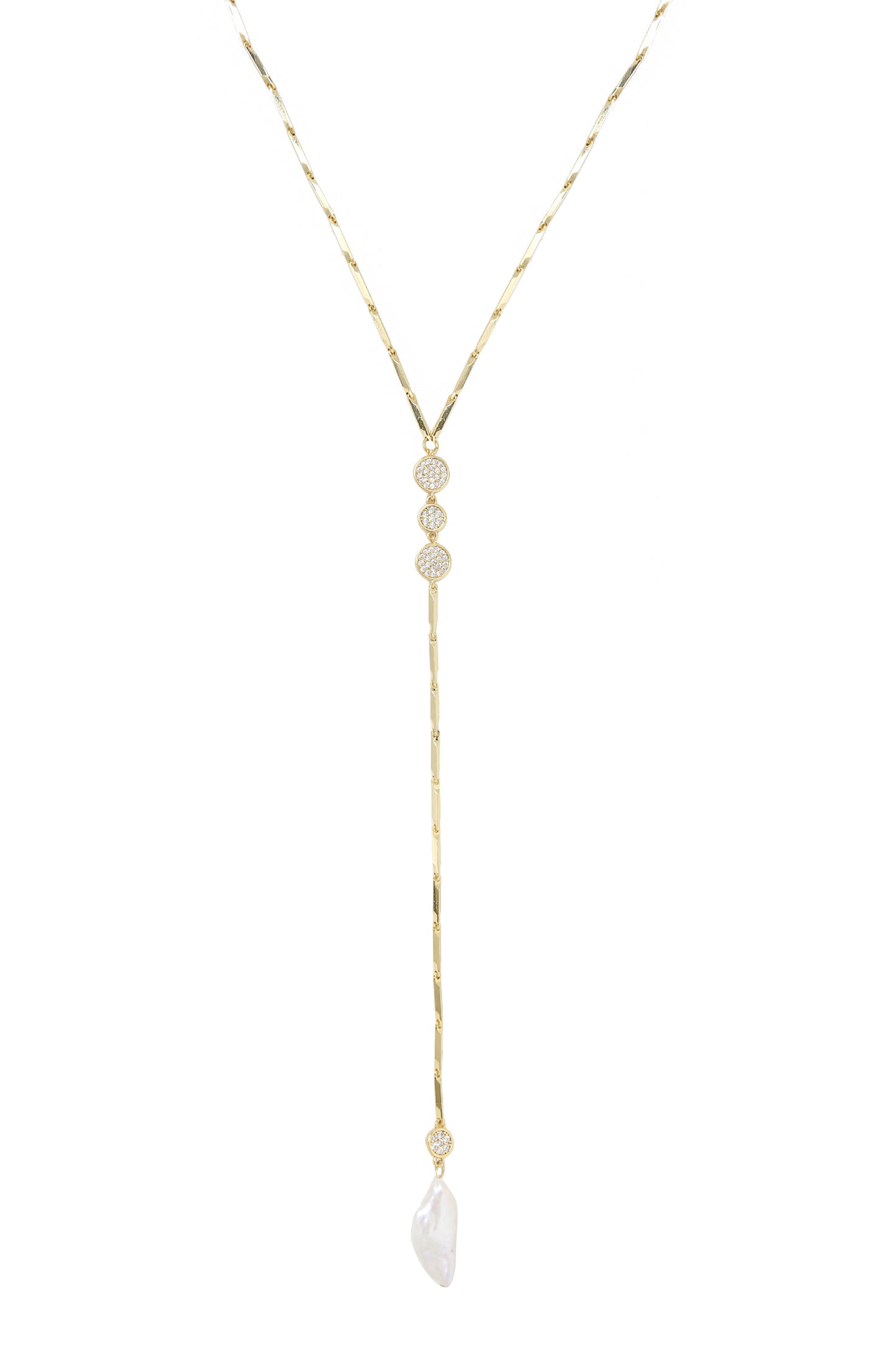 Elegant Freshwater Pearl and 18k Gold Plated Lariat Necklace on white background  