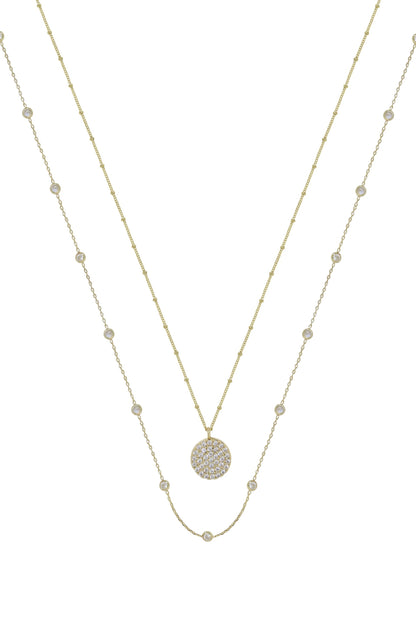 Crystal Disc 18k Gold Plated Layered Necklace Set on white background  