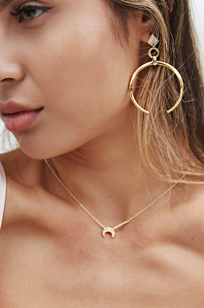 Dainty Layered Crescent Moon 18k Gold Plated Necklace Set shown on a model  