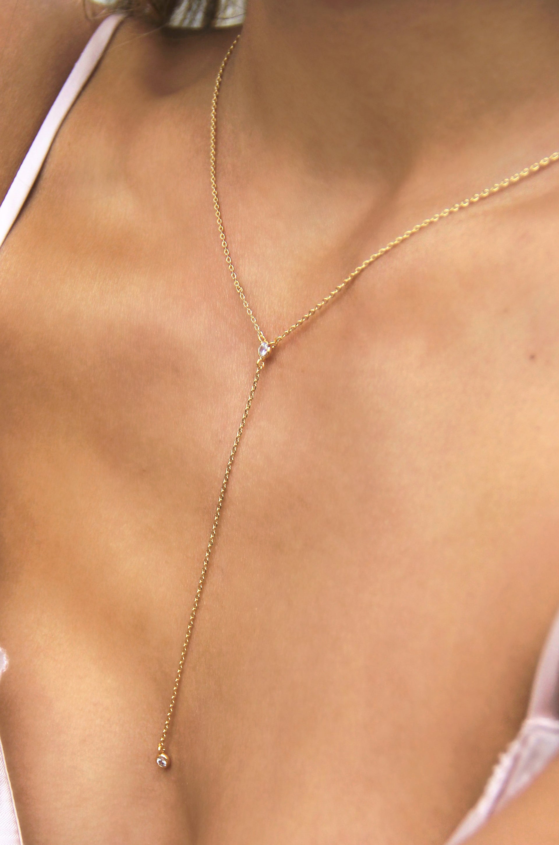Dainty Layered Crescent Moon 18k Gold Plated Necklace Set shown on a model  2