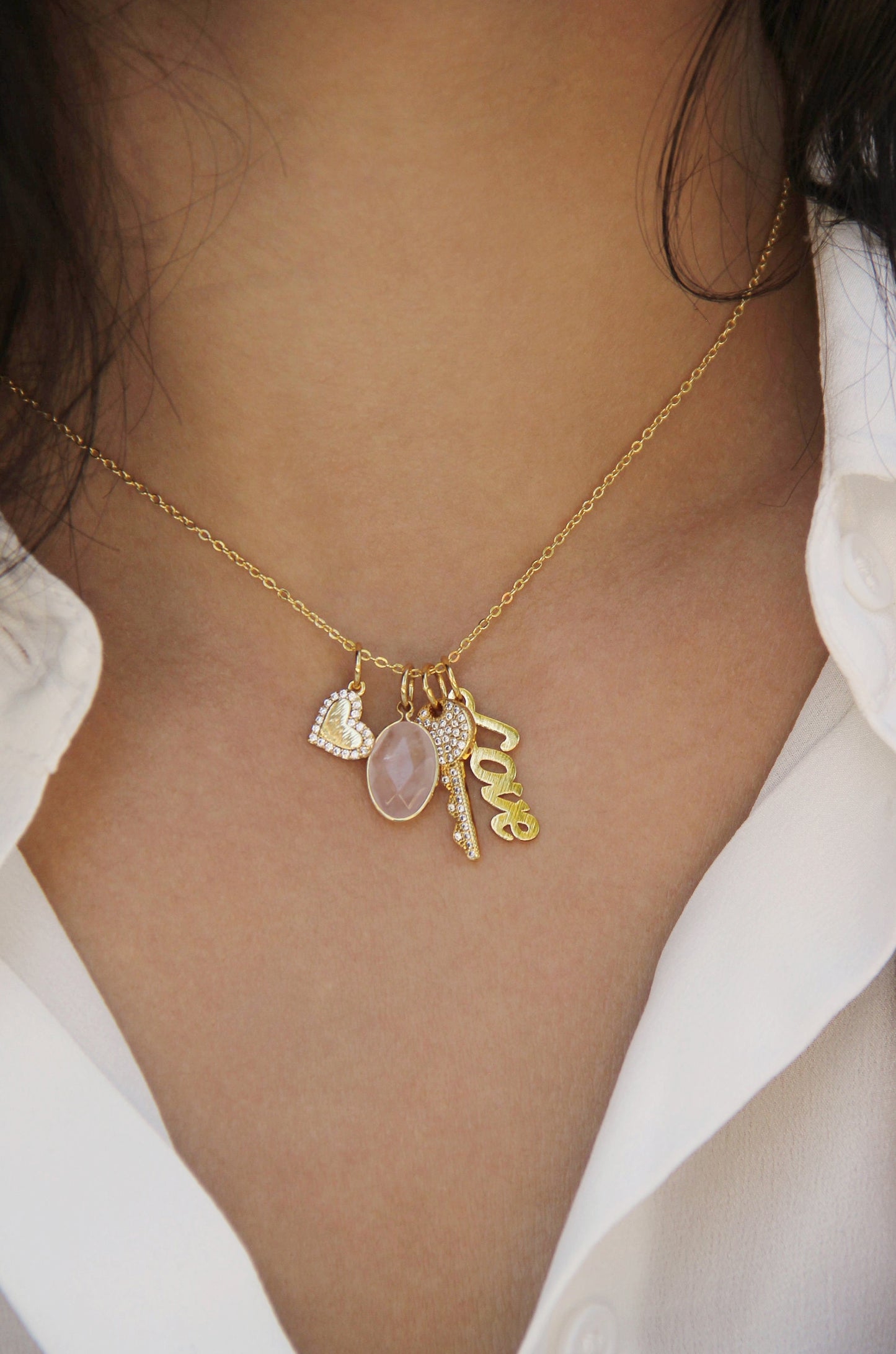 Love to Love 18k Gold Plated Interchangeable Charm Necklace shown on a model  