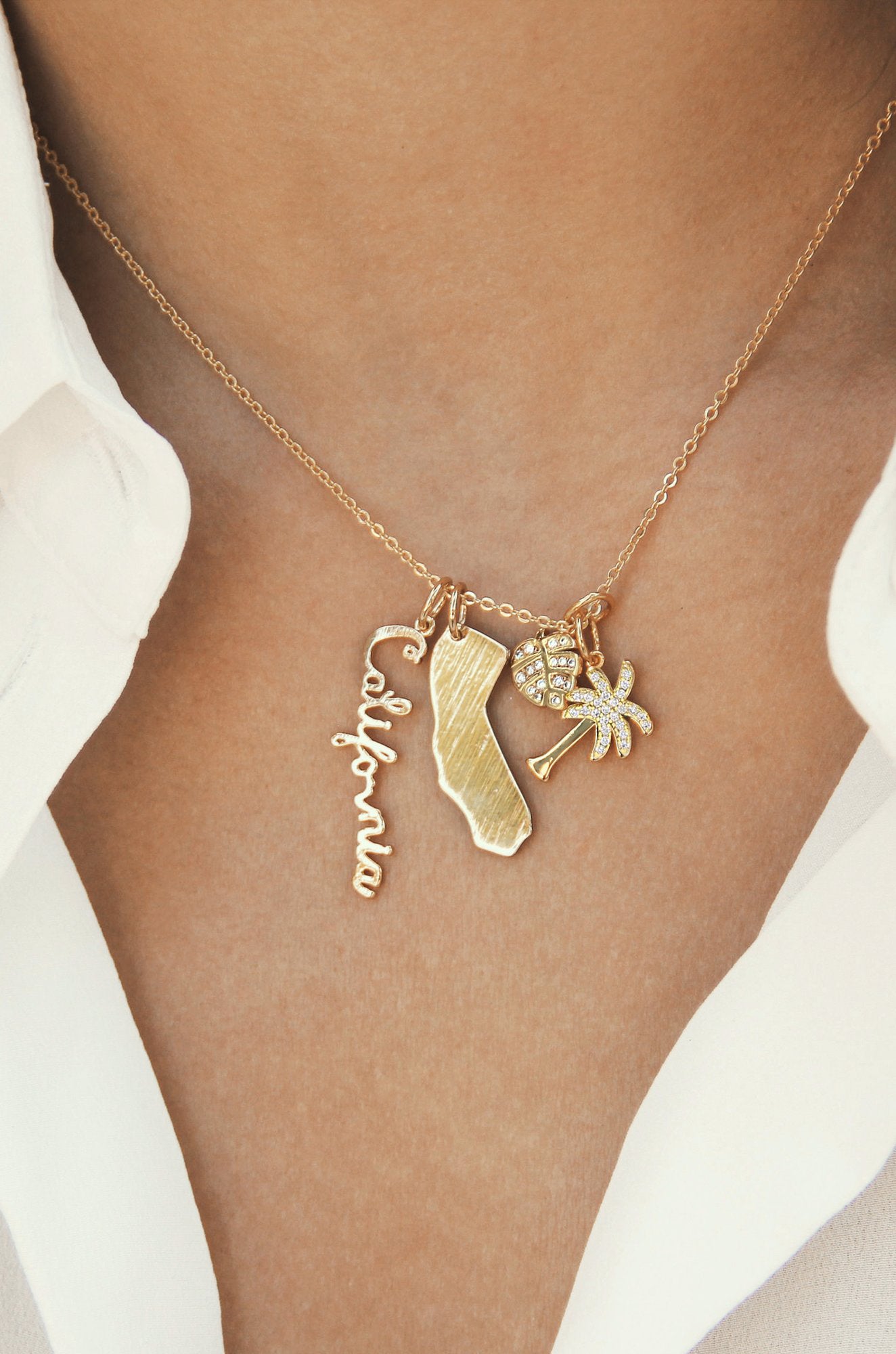 California Cool 18k Gold Plated Interchangeable Charm Necklace shown on a model  