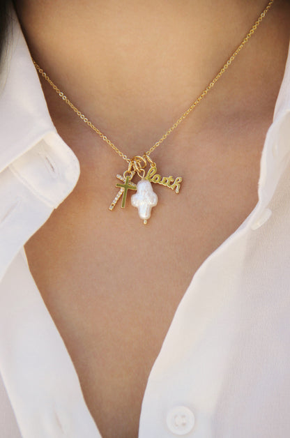 Gotta Have Faith 18k Gold Plated Interchangeable Charm Necklace shown on a model  