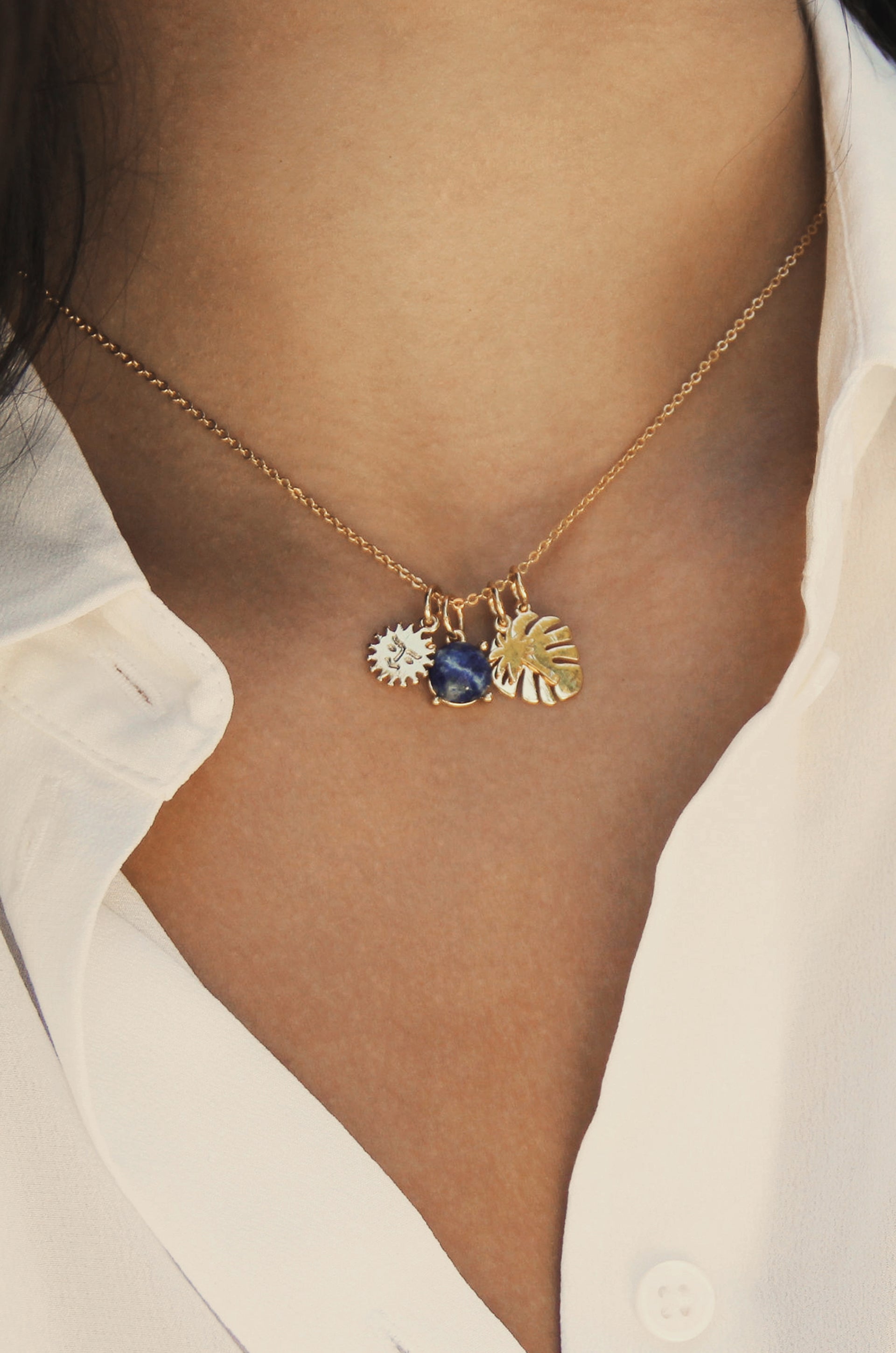 Tropical Getaway 18k Gold Plated Interchangeable Charm Necklace shown on a model  