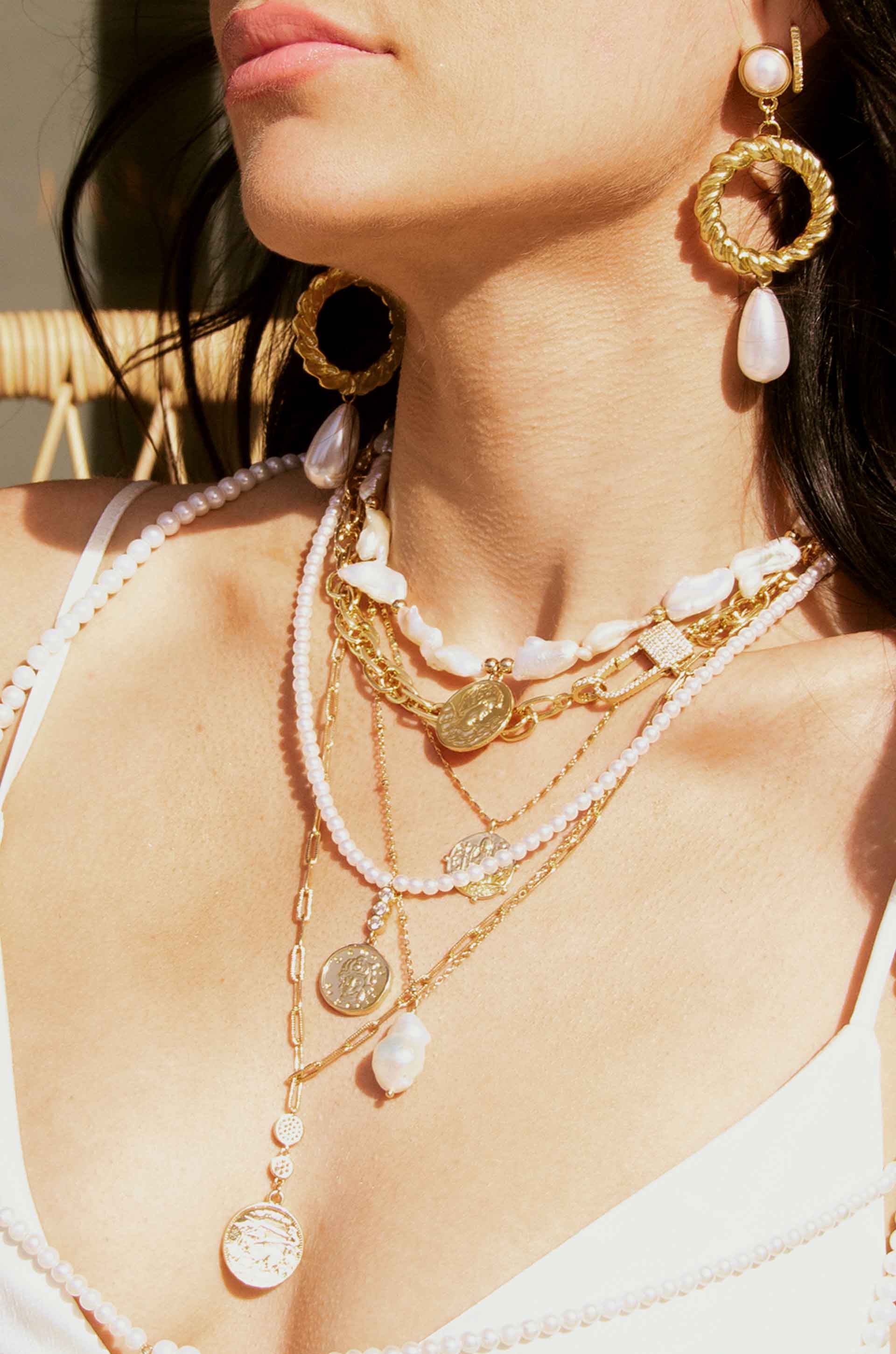 Paloma Pearl 18k Gold Plated Coin Necklace shown on a model  
