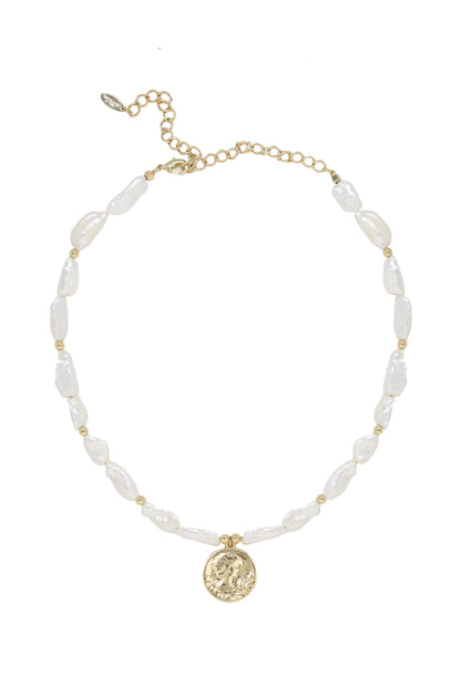 Paloma Pearl 18k Gold Plated Coin Necklace on white background  