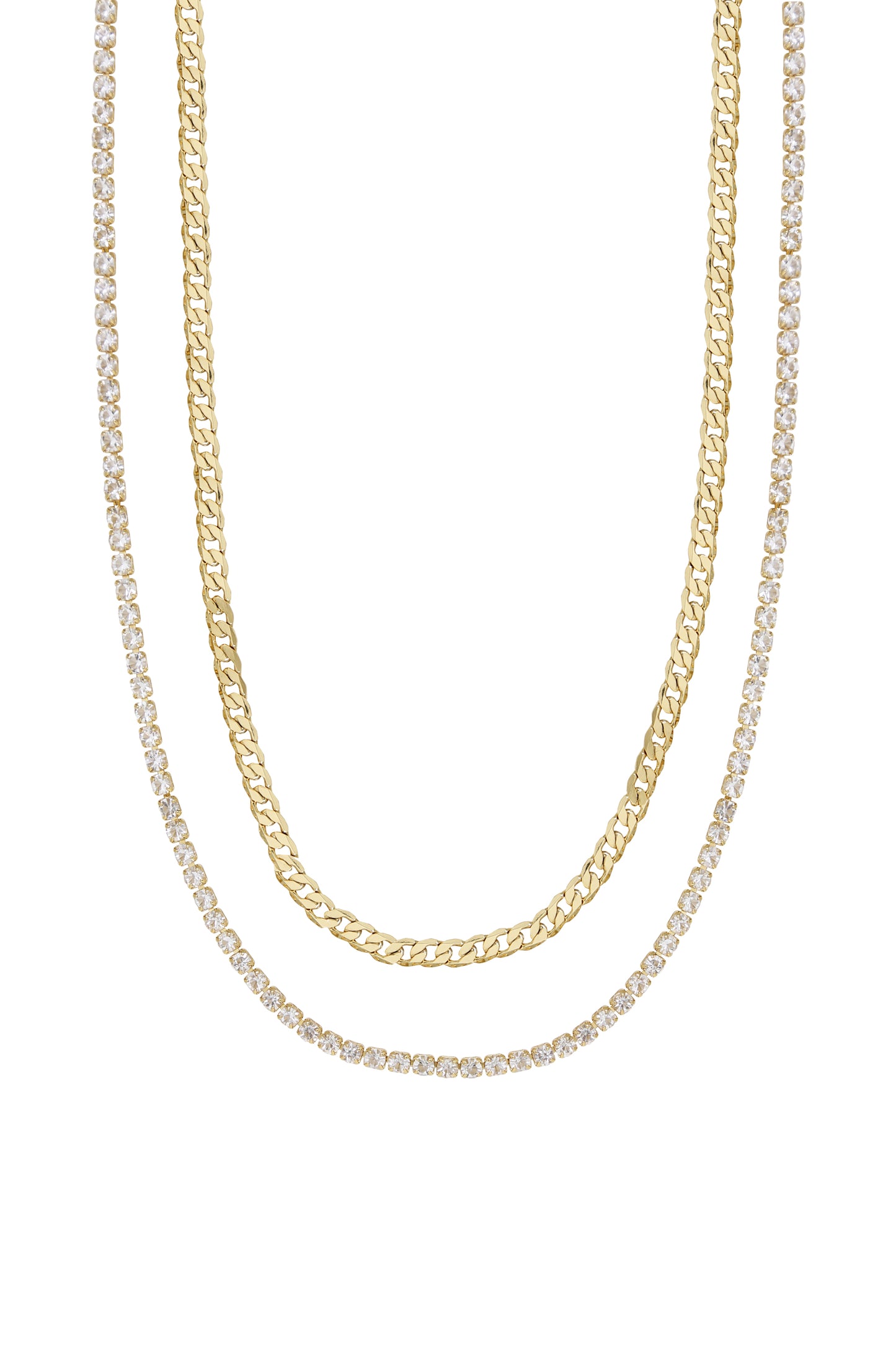 Simple Crystal and 18k Gold Plated Chain Necklace Set on white background  