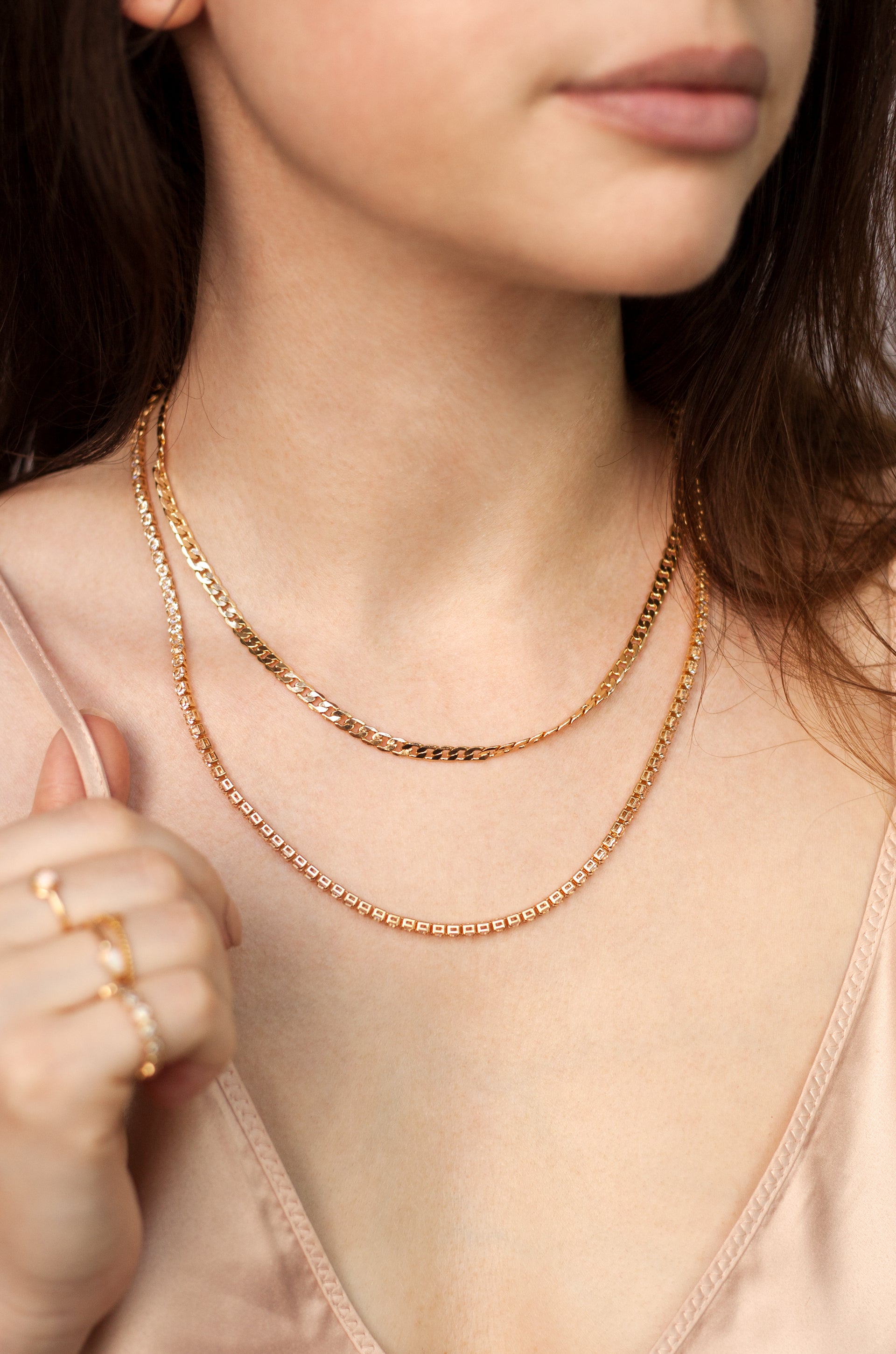 Simple Crystal and 18k Gold Plated Chain Necklace Set shown on a model  