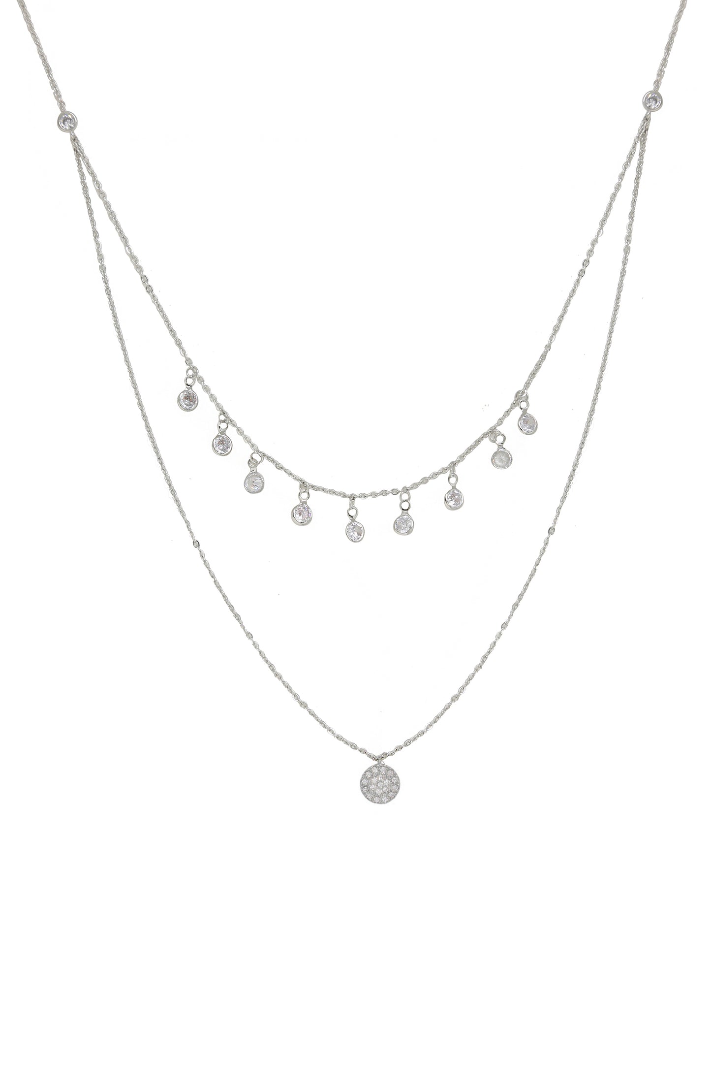 Double Layered Chain & Crystal Disc Necklace on white background  2