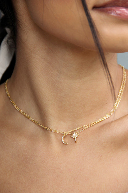 Celestial Crystal 18k Gold Plated Necklace Set shown on a model  