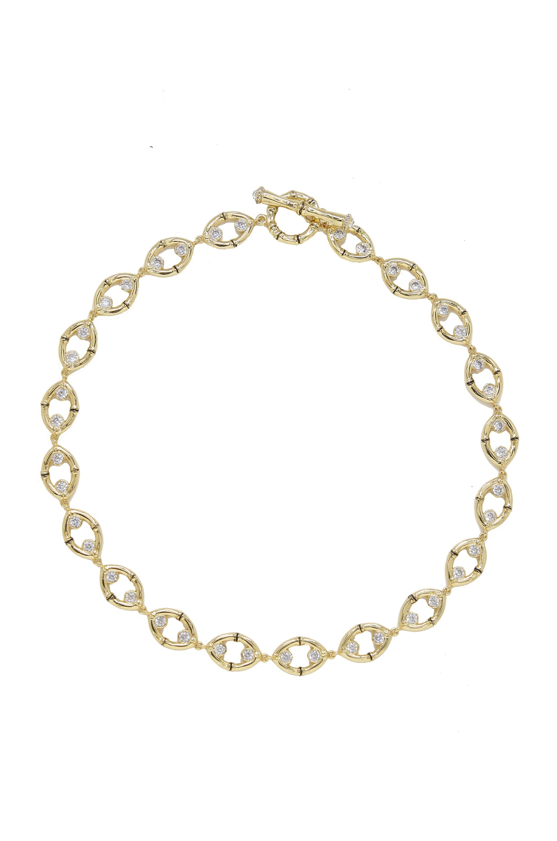 Crystal and 18k Gold Plated Bamboo Eyelet Collar Necklace on white background  