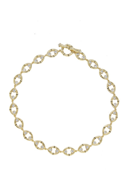 Crystal and 18k Gold Plated Bamboo Eyelet Collar Necklace on white background  