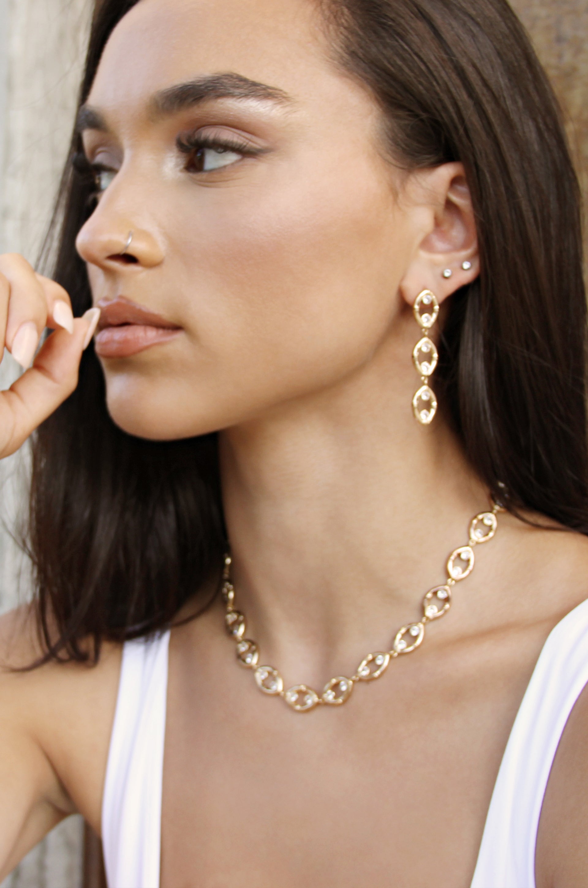 Crystal and 18k Gold Plated Bamboo Eyelet Collar Necklace shown on a model  2