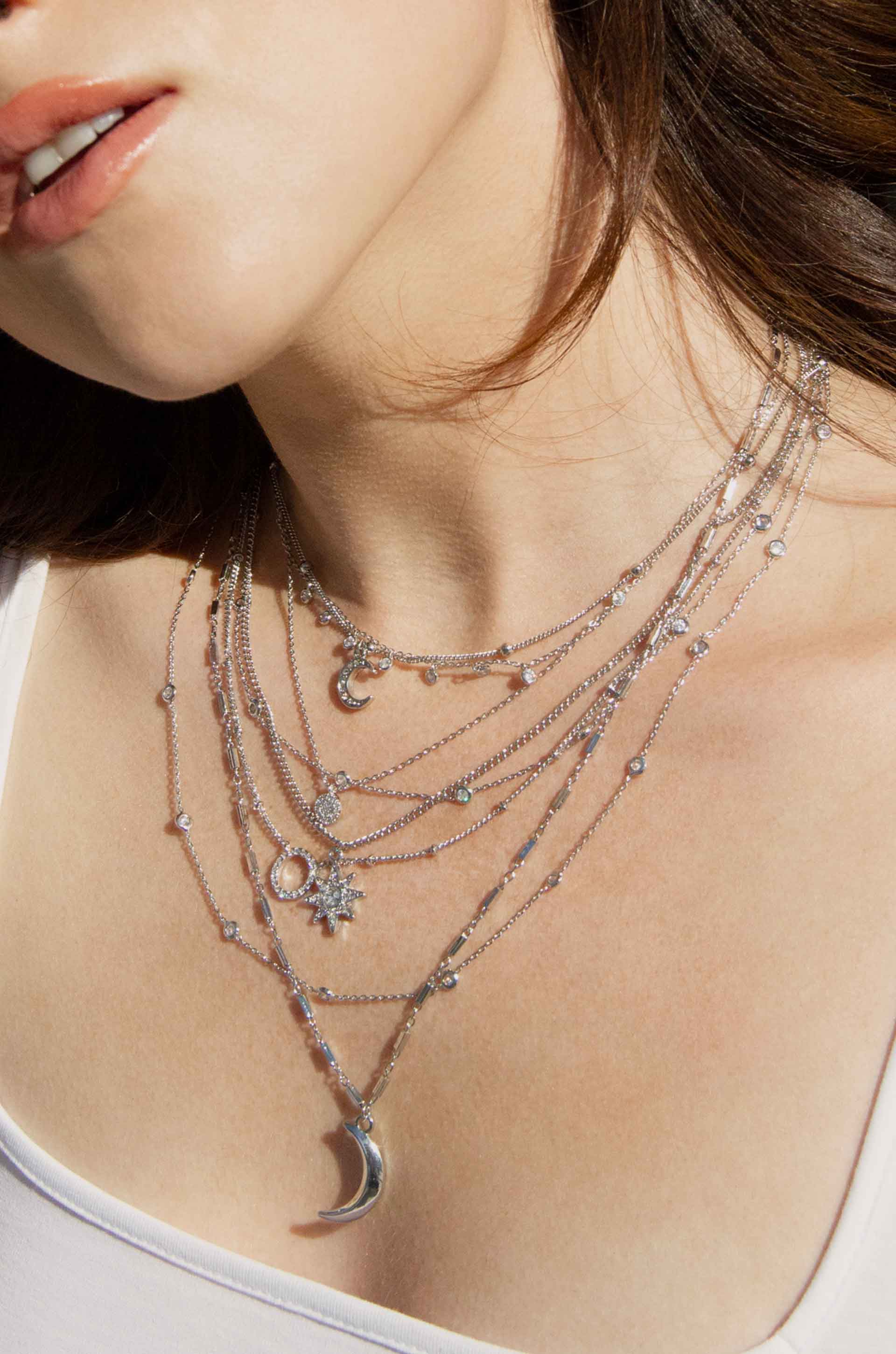 Monroe Crystal Strand Layered Necklace shown on a model  