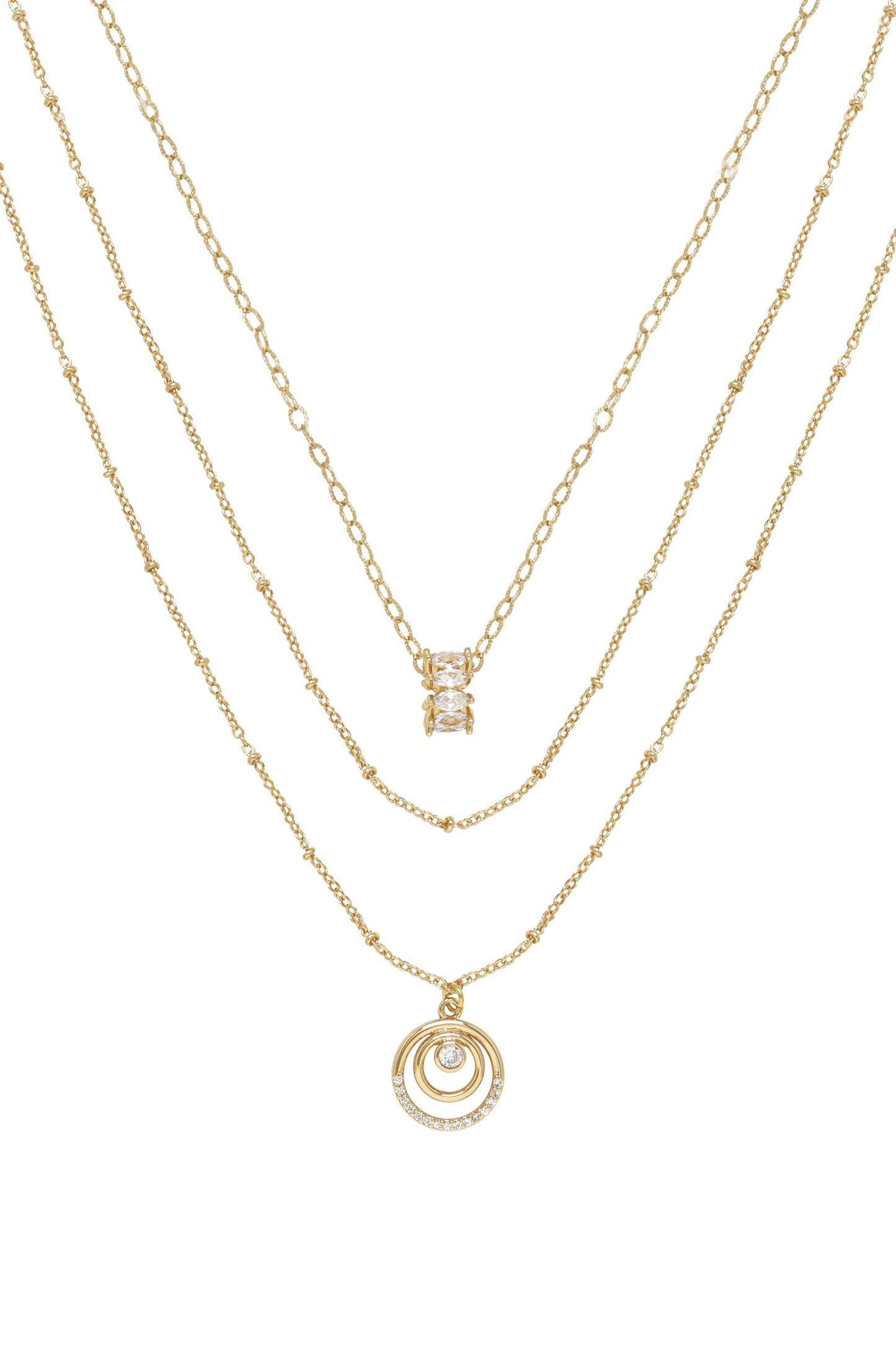 Circles of Crystal Dainty Layered 18k Gold Plated Necklace Set on white background  
