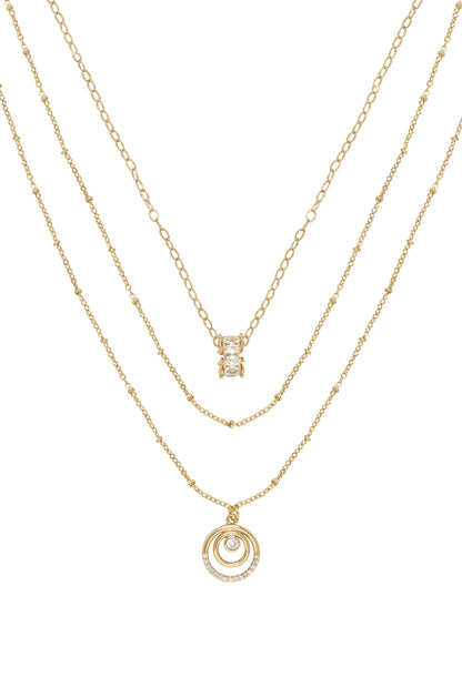 Circles of Crystal Dainty Layered 18k Gold Plated Necklace Set on white background  