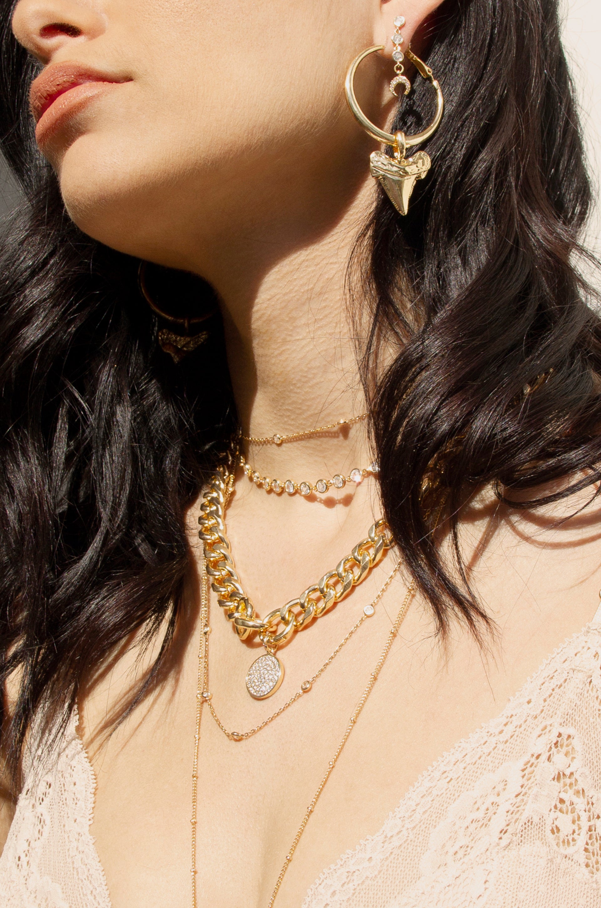 Crystal Disc Charm and 18k Gold Plated Chain Necklace shown on a model  