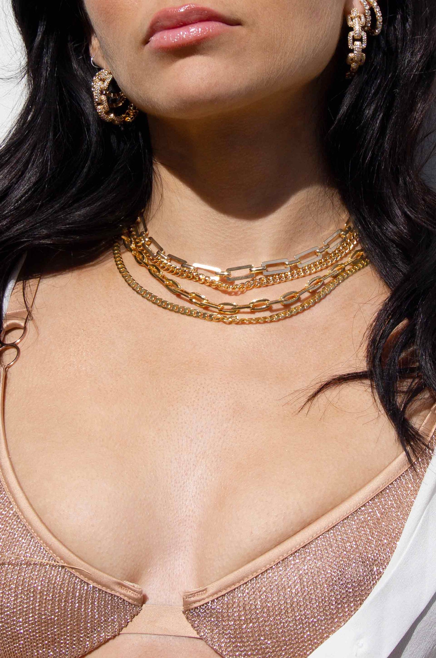 Golden Flat Rectangle Chain Necklace shown on a model  