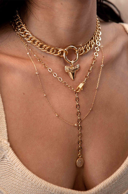 Circle Chain Adjustable 18k Gold Plated Lariat Necklace shown on a model  