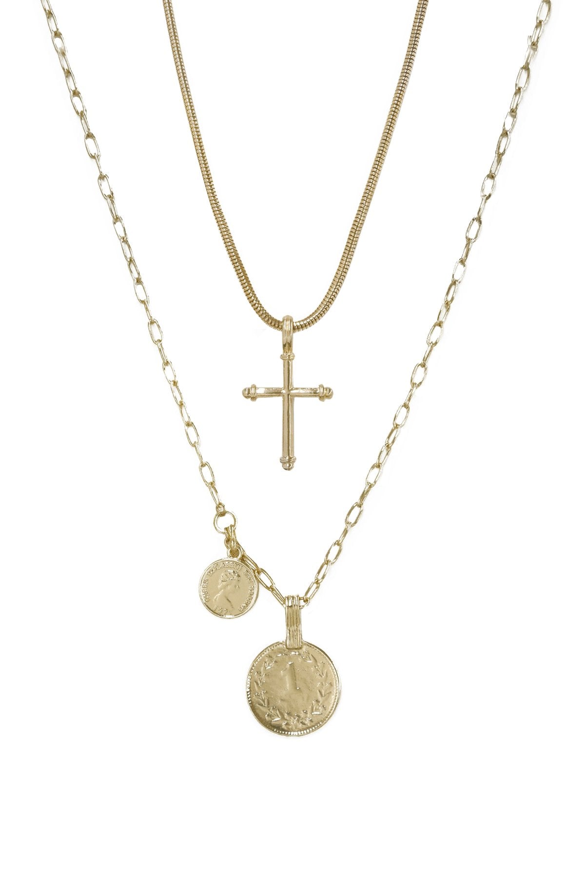 Keep the Faith 18k Gold Plated Cross and Coin Necklace Set on white background  