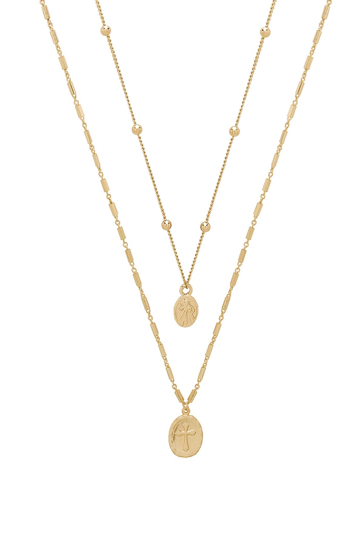 Simple Statement 18k Gold Plated Coin Layered Necklace on white background  
