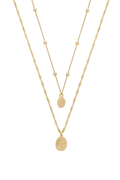 Simple Statement 18k Gold Plated Coin Layered Necklace on white background  