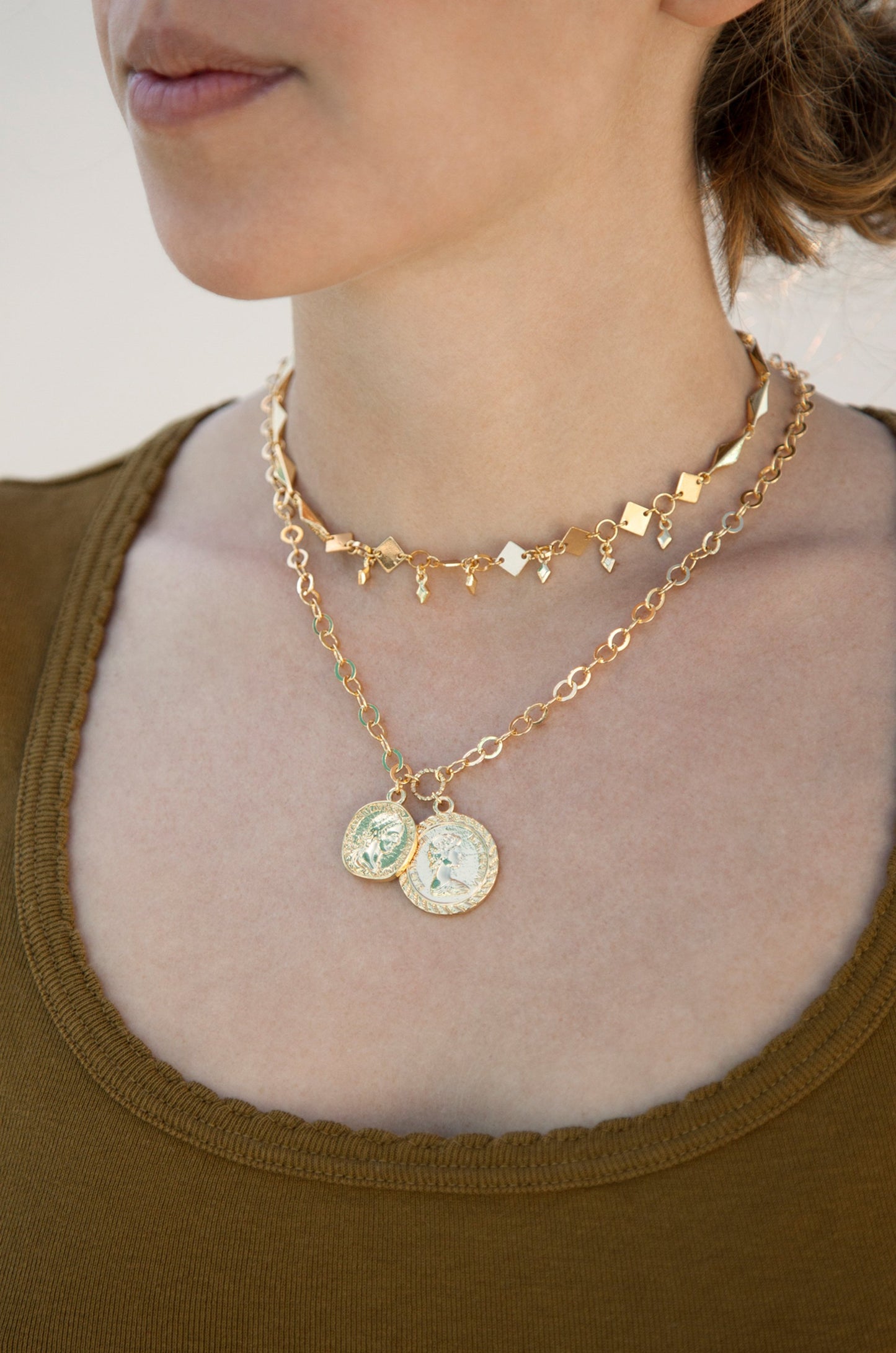 Stella Coin 18k Gold Plated Layered Necklace shown on a model  