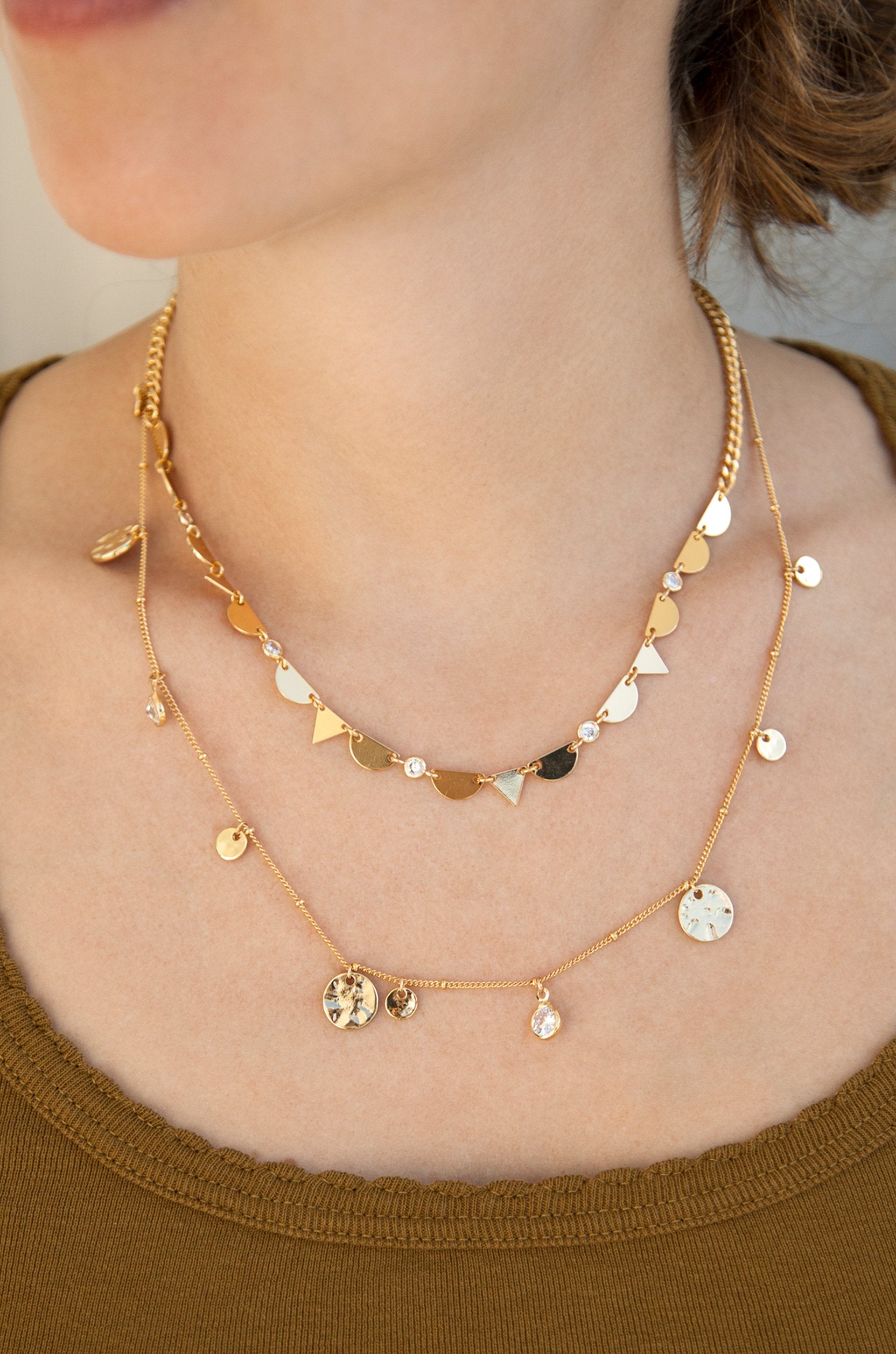 Cairo Layered 18k Gold Plated Coin Necklace shown on a model  
