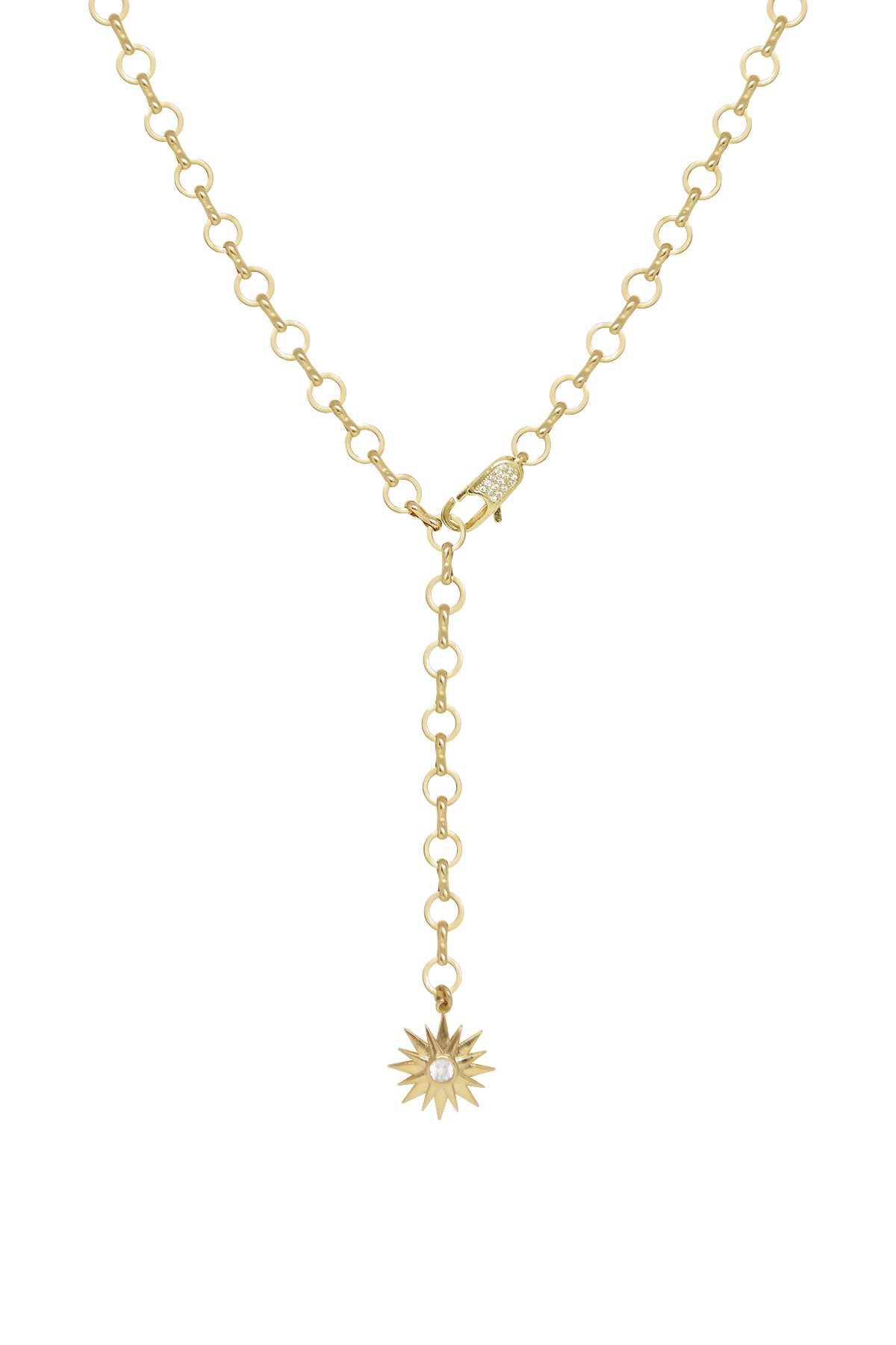 Total Eclipse 18k Gold Plated Lariat Necklace on white background  