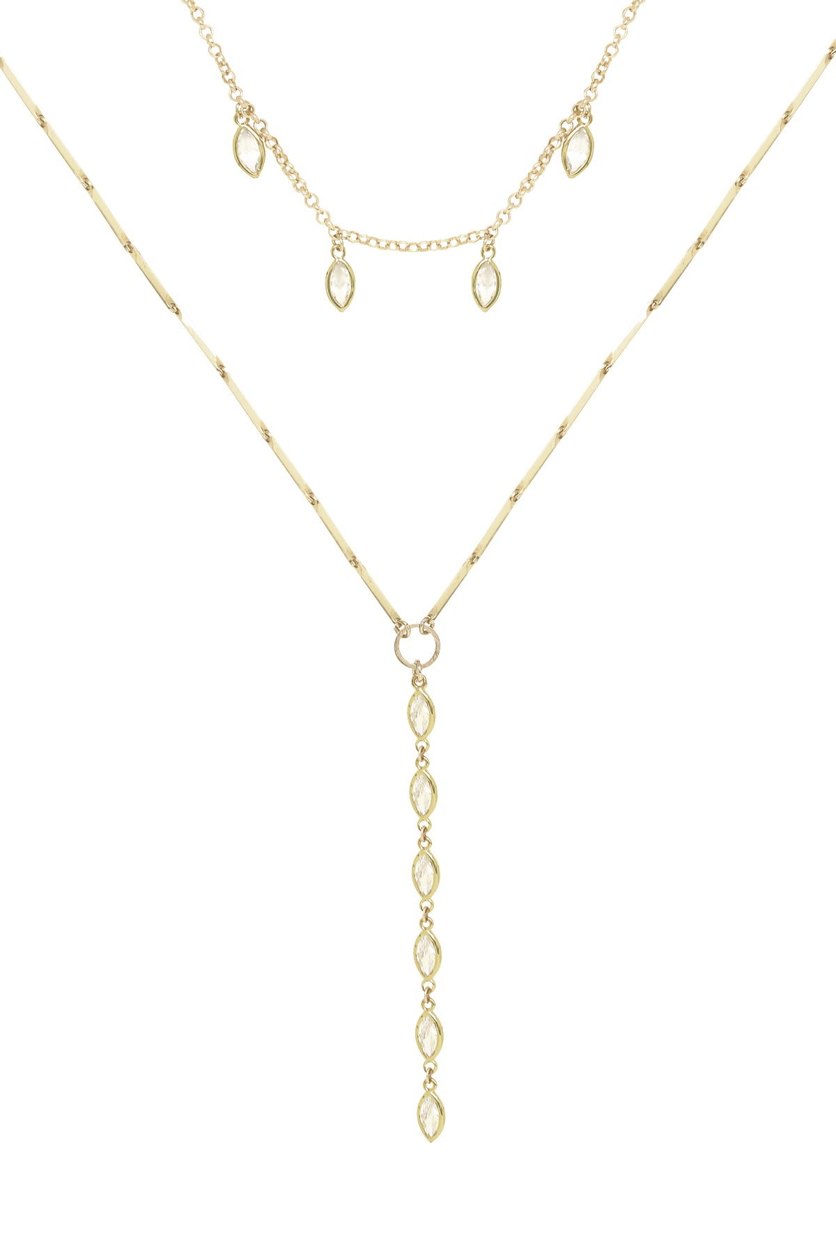 Ariella Glass Crystal 18k Gold Plated Layered Lariat Necklace on white background  