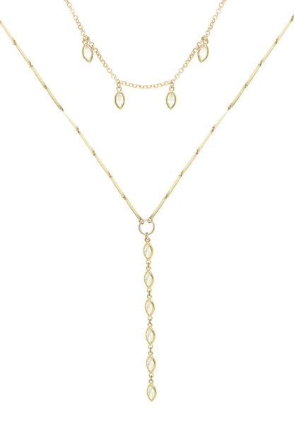 Ariella Glass Crystal 18k Gold Plated Layered Lariat Necklace on white background  