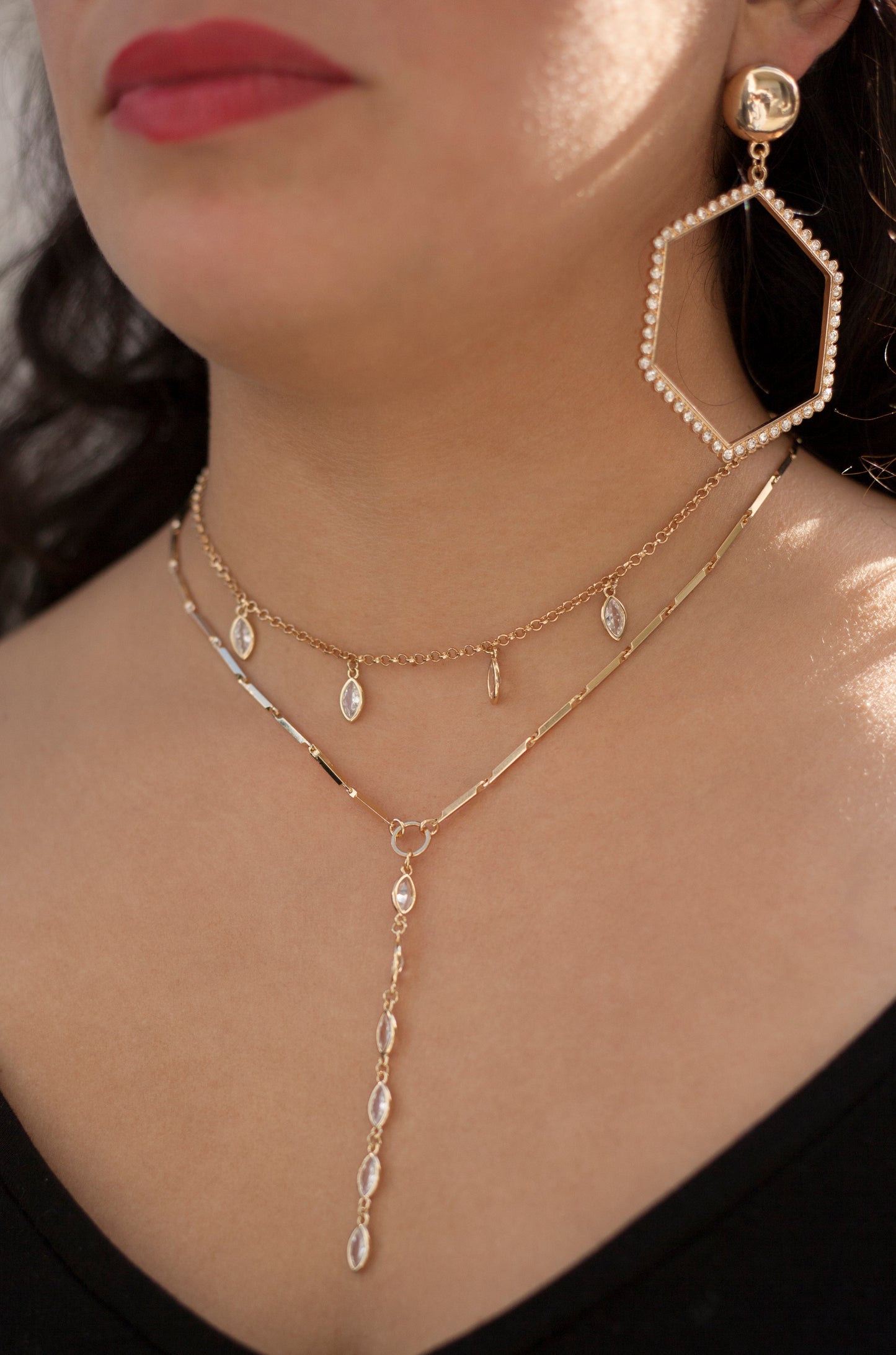 Ariella Glass Crystal 18k Gold Plated Layered Lariat Necklace shown on a model  