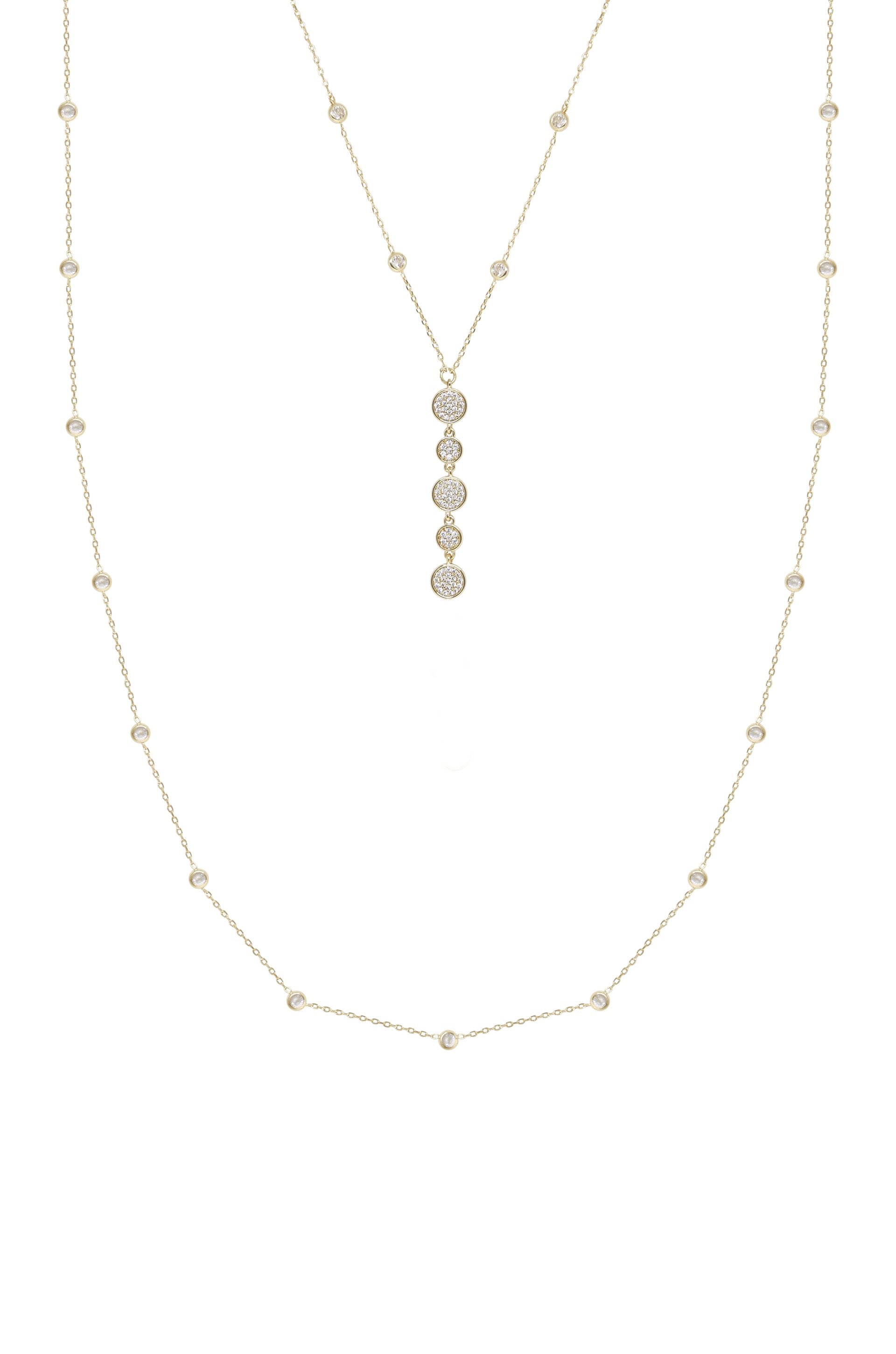 Black Tie Layered Crystal and 18k Gold Plated Necklace Set on white background  