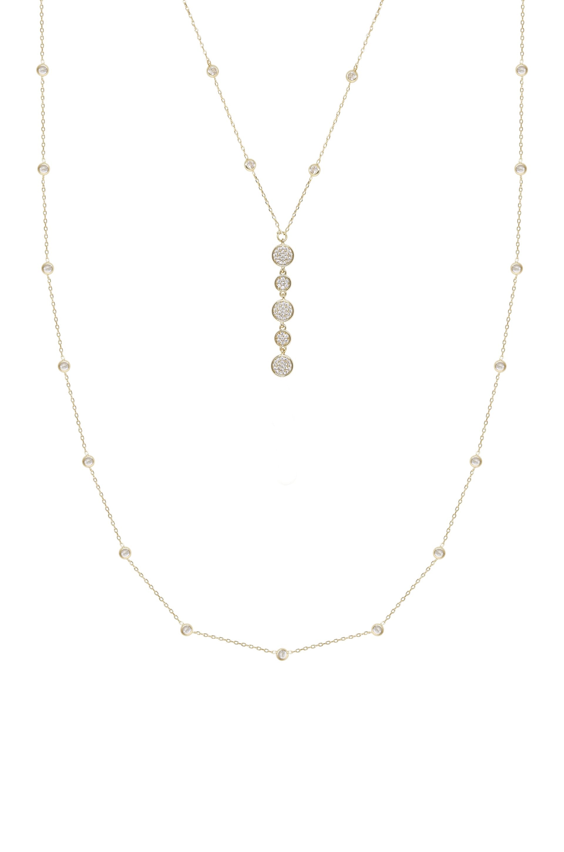 Black Tie Layered Crystal and 18k Gold Plated Necklace Set on white background  