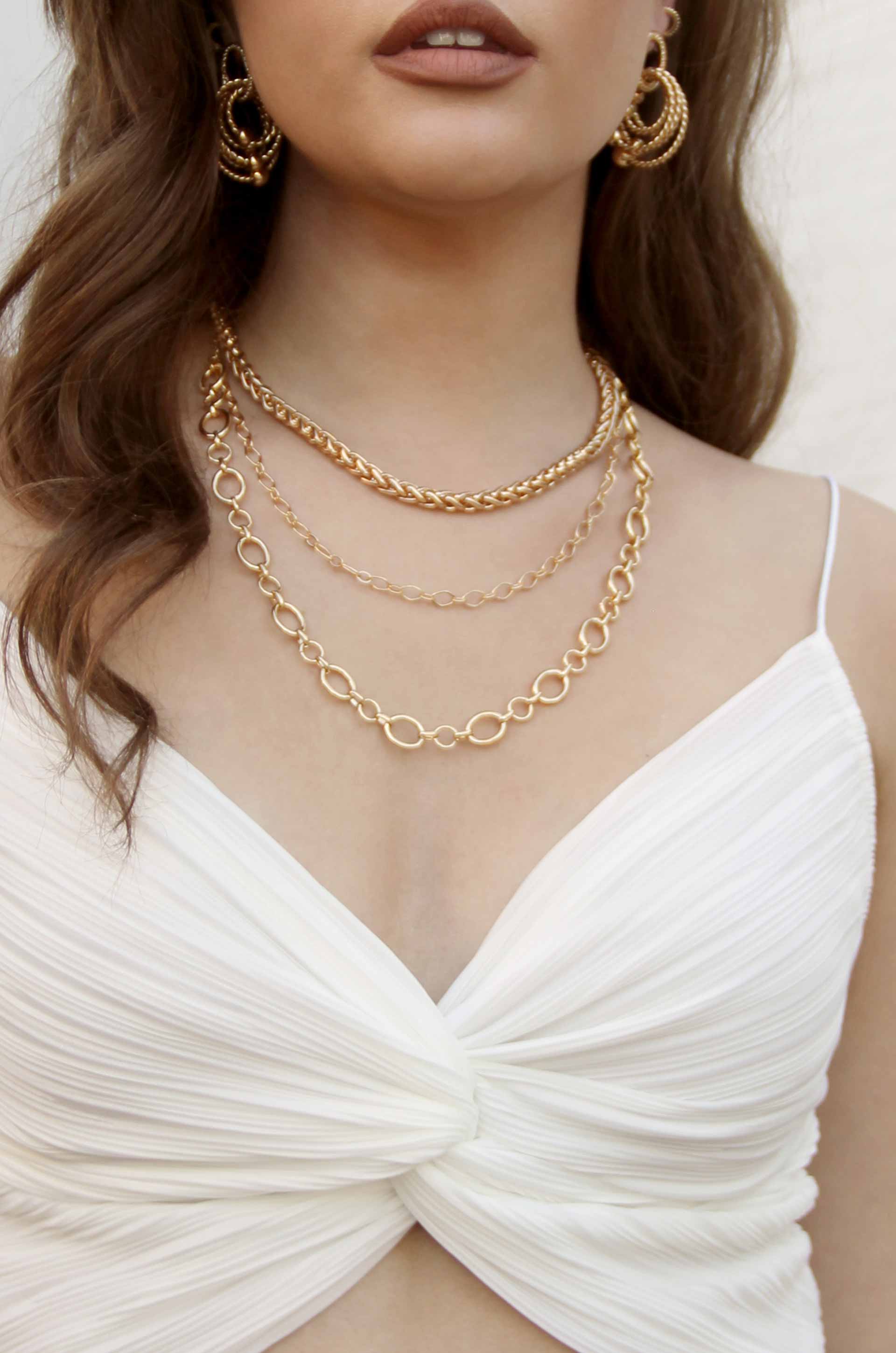 Large Links Double 18k Gold Plated Chain Necklace shown on a model  