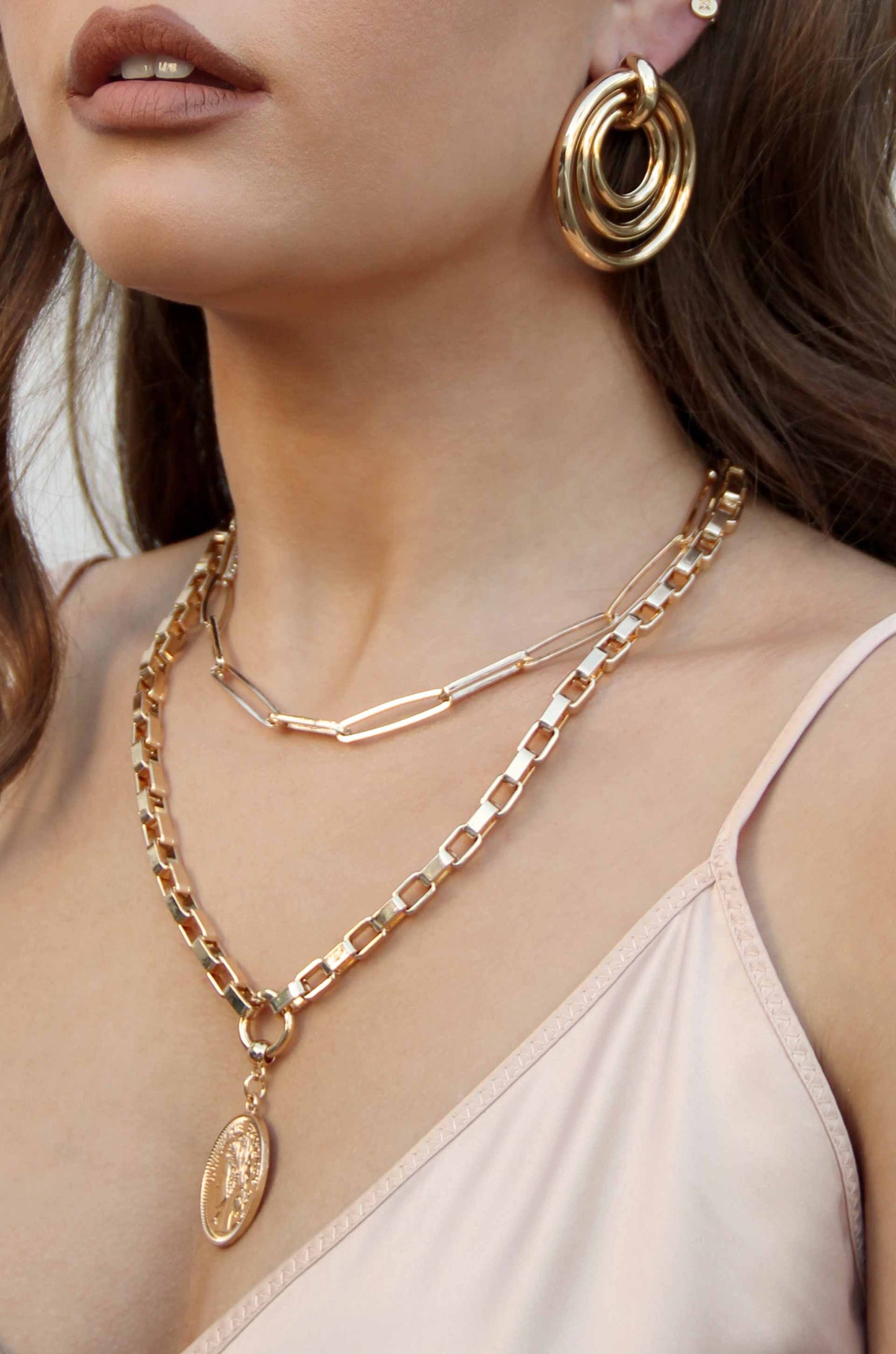 Sparkle in Links 18k Gold Plated Chain Link Necklace shown on a model  
