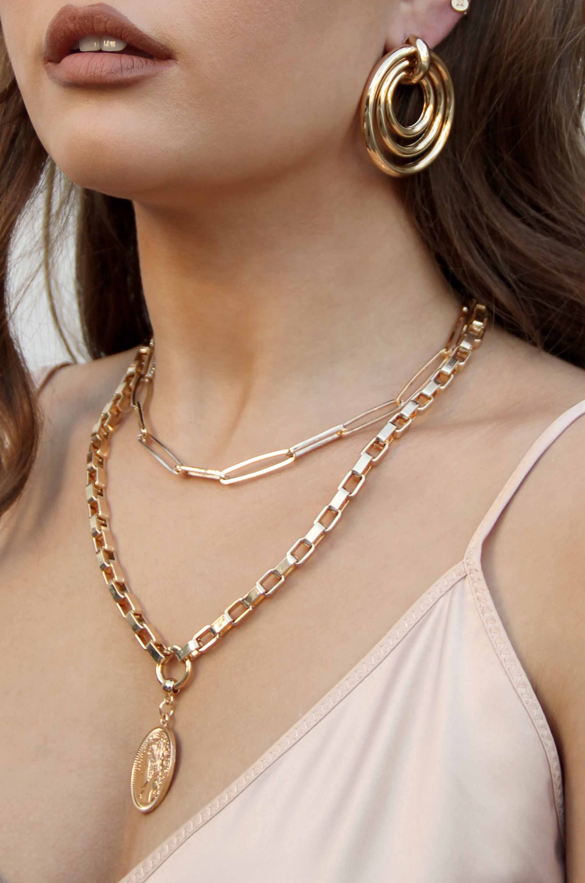 Sparkle in Links 18k Gold Plated Chain Link Necklace shown on a model  