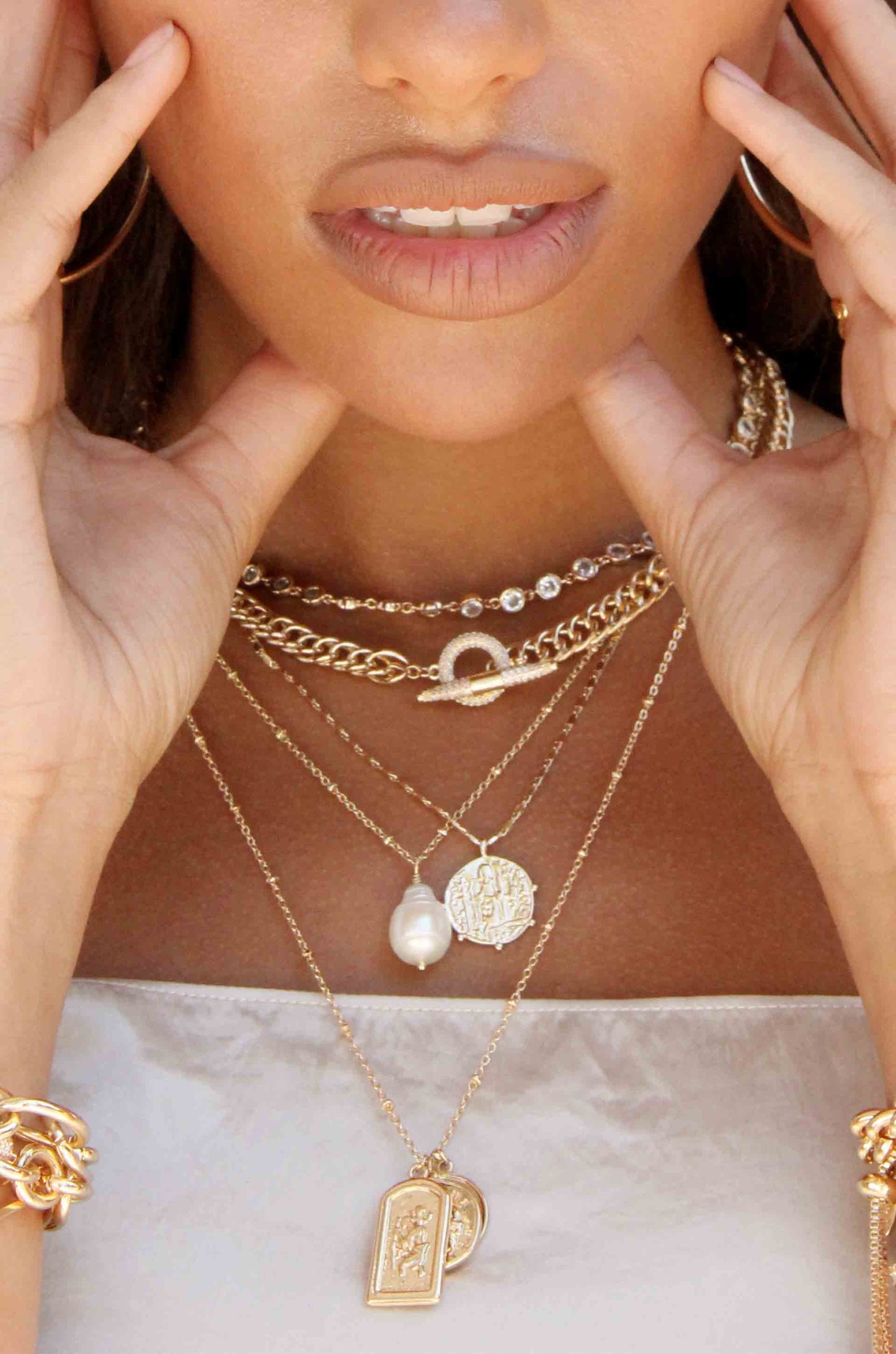 All About That Chain Crystal and 18k Gold Plated Necklace shown on a model  