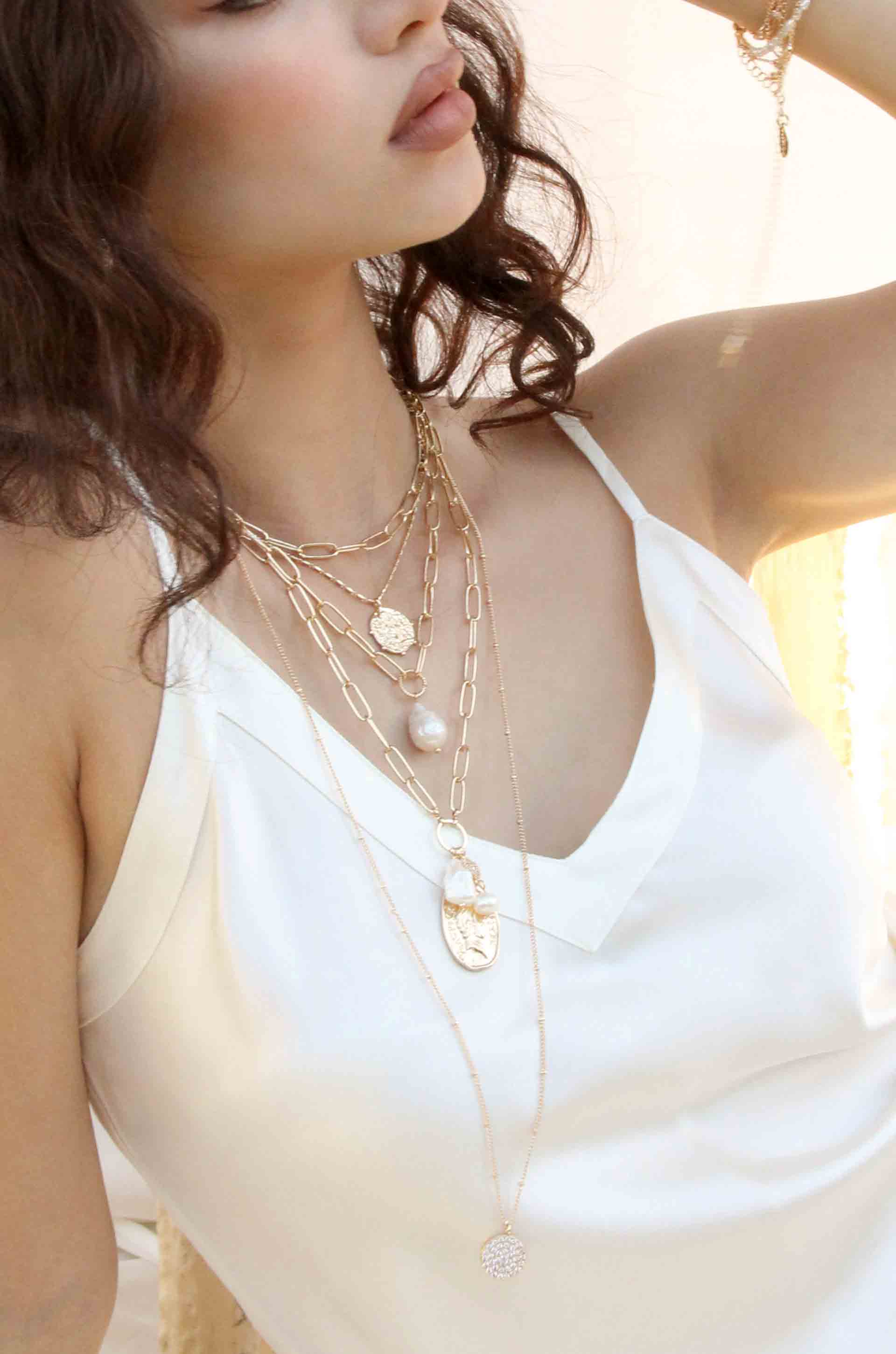 Single Pearl Open Links 18k Gold Plated Chain Necklace shown on a model  