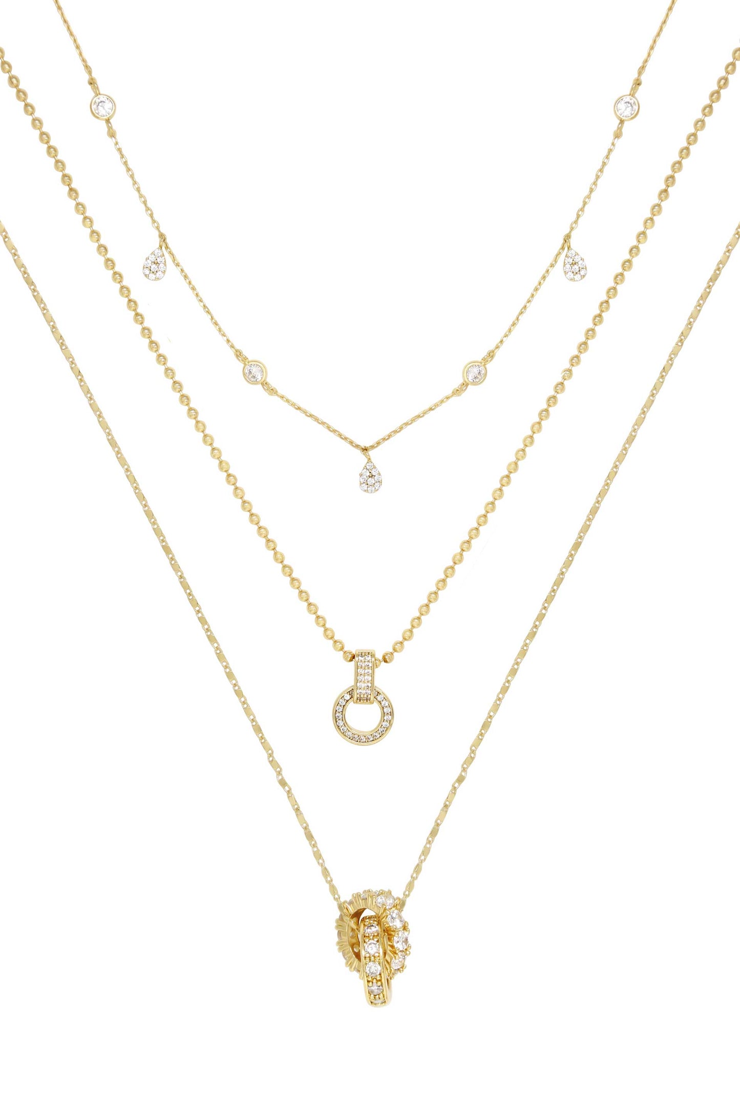 Dainty Crystal Trio 18k Gold Plated Necklace Set on white background  