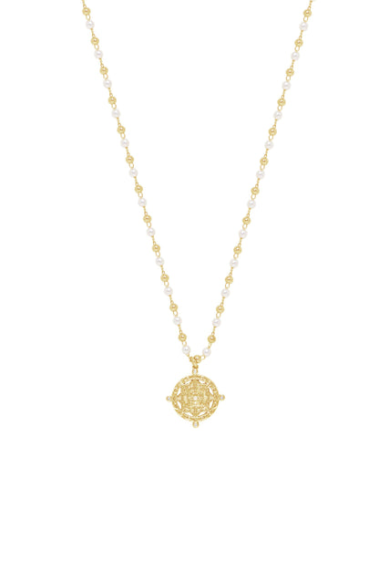Long Travels Pearl & 18k Gold Plated Ball Chain Necklace on white background  