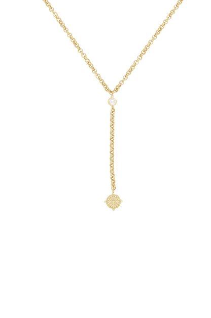 Pearl Dotted 18k Gold Plated Lariat on white background 2
