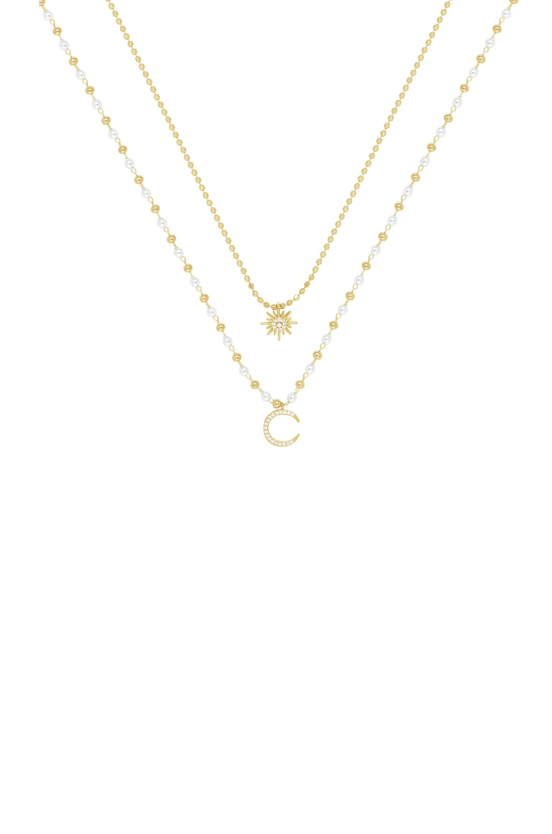 Interstellar Pearl and Crystal Layered 18k Gold Plated Necklace Set on white background