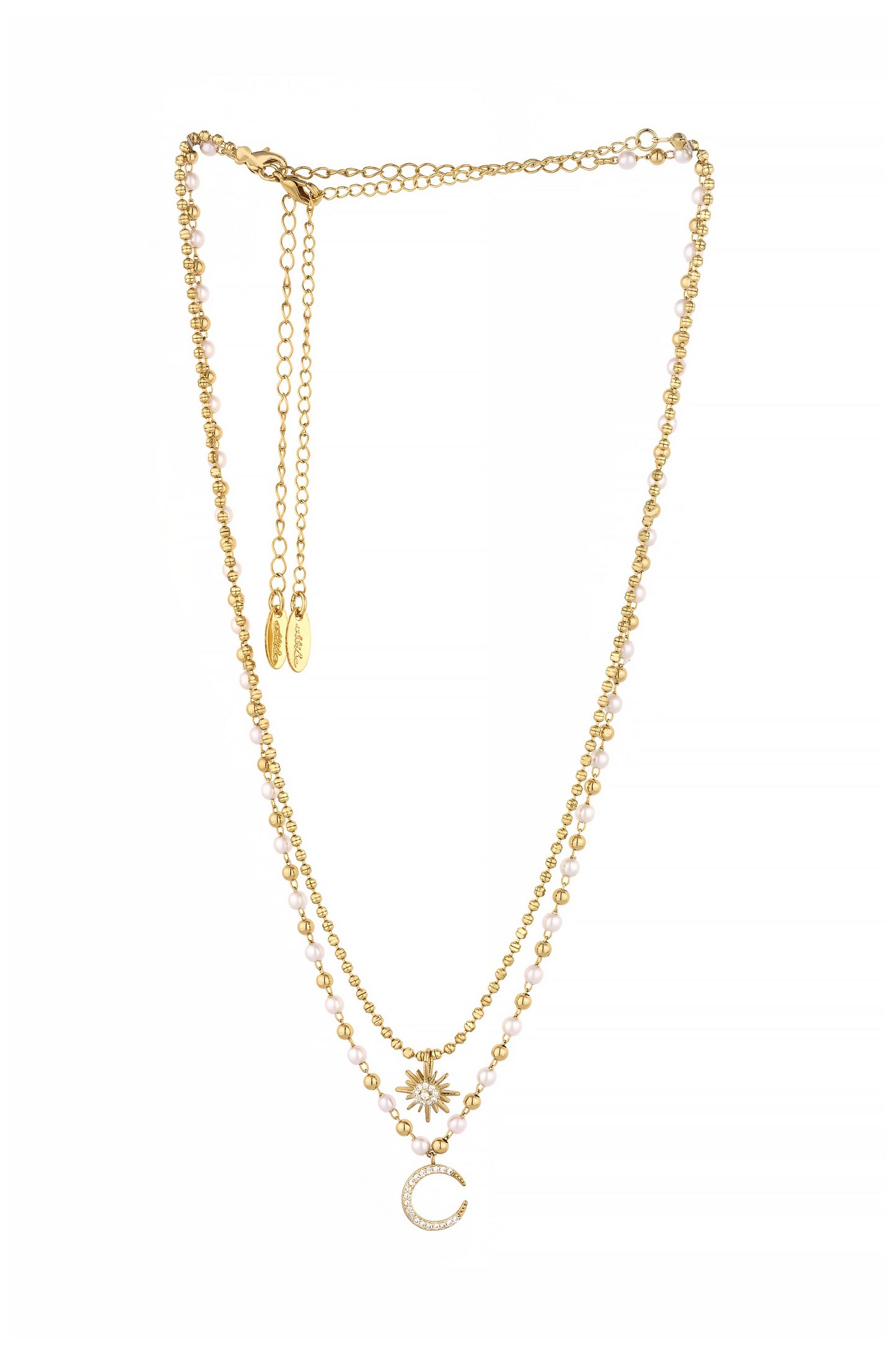 Interstellar Pearl and Crystal Layered 18k Gold Plated Necklace Set on white background